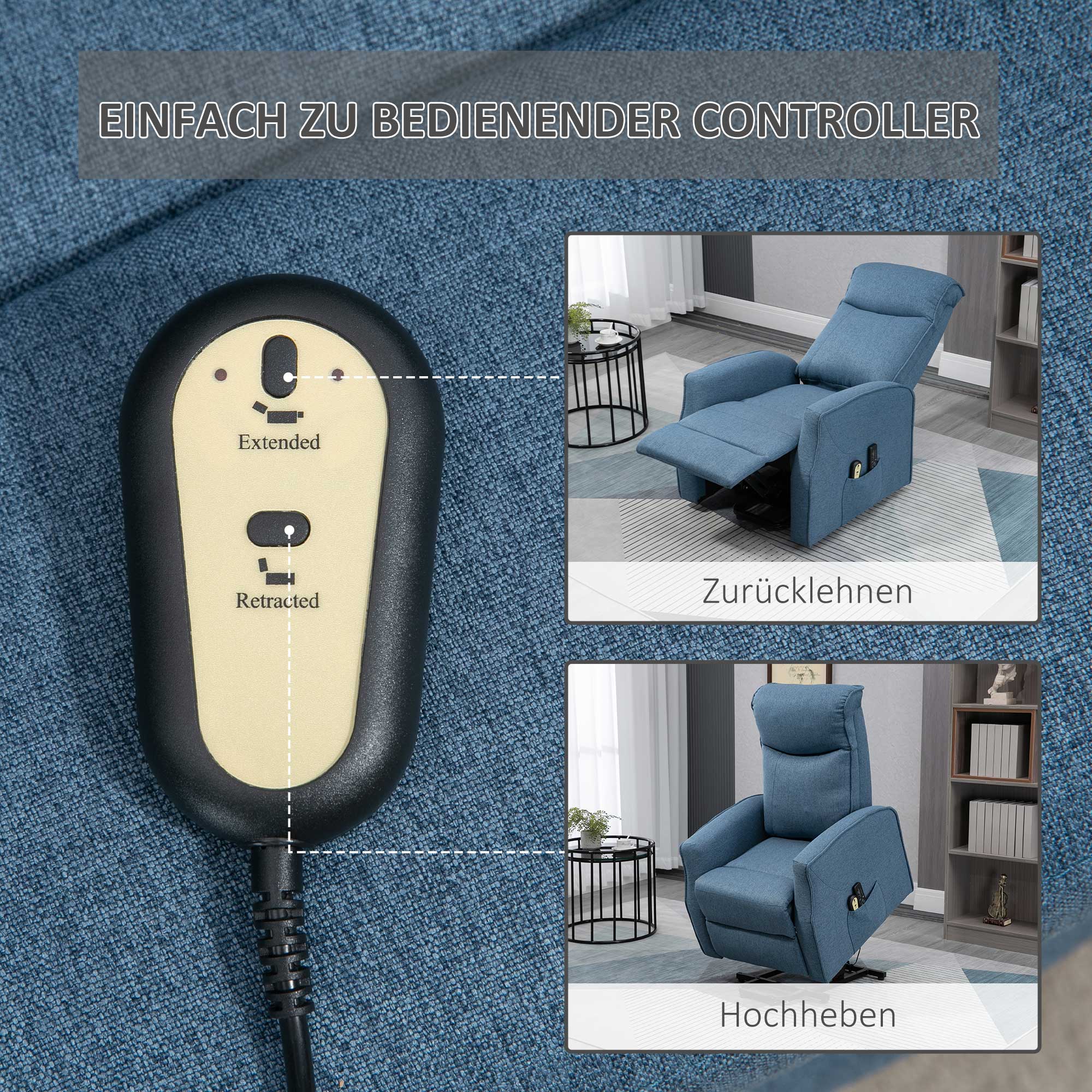 HOMCOM Massagesessel mit Aufstehhilfe, Relaxsessel, inkl. Fernbedienung, 1 Seitentasche, Fußstütze, Blau