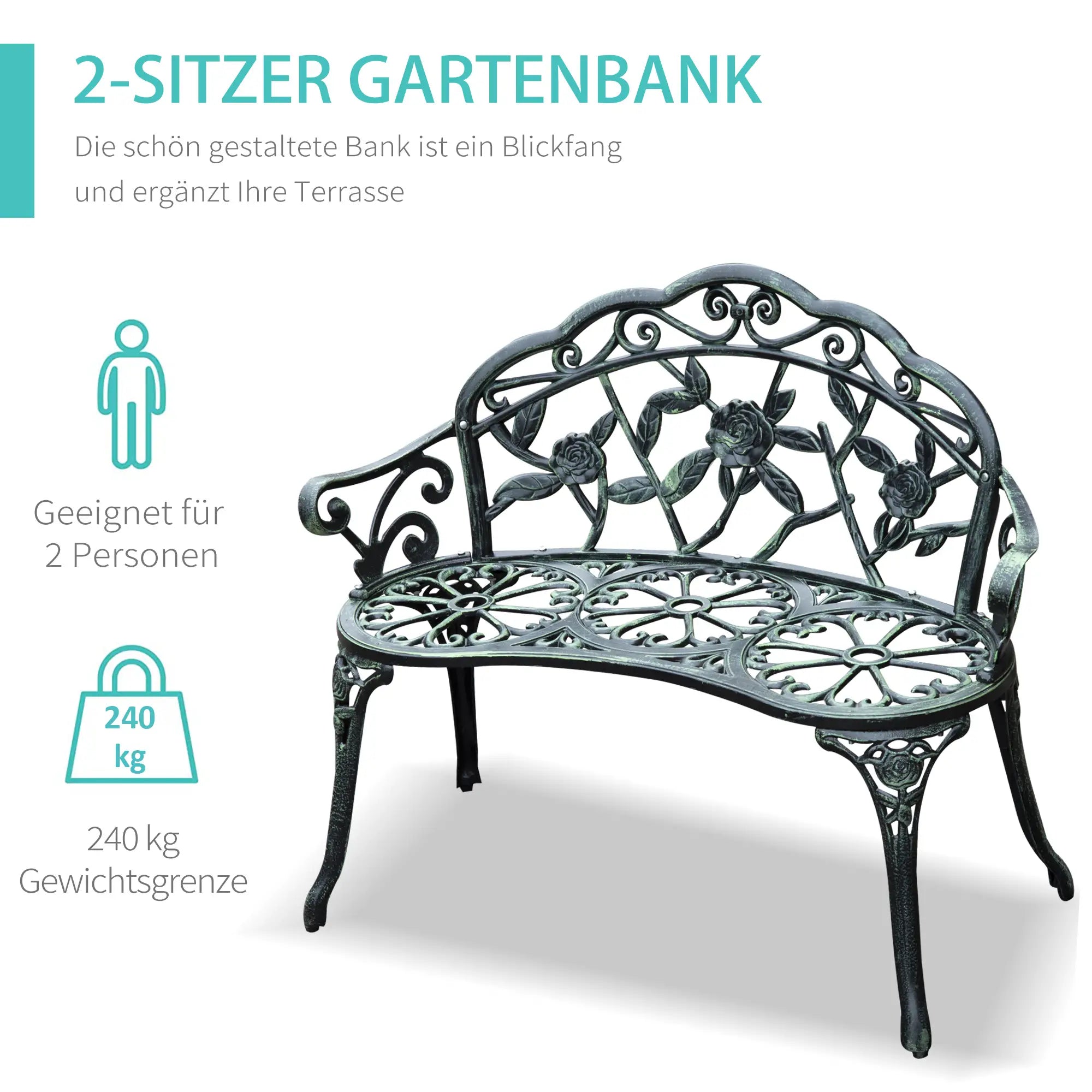 Outsunny Gartenbank 2-Sitzer Blumenmuster Gussaluminium Antik Grün