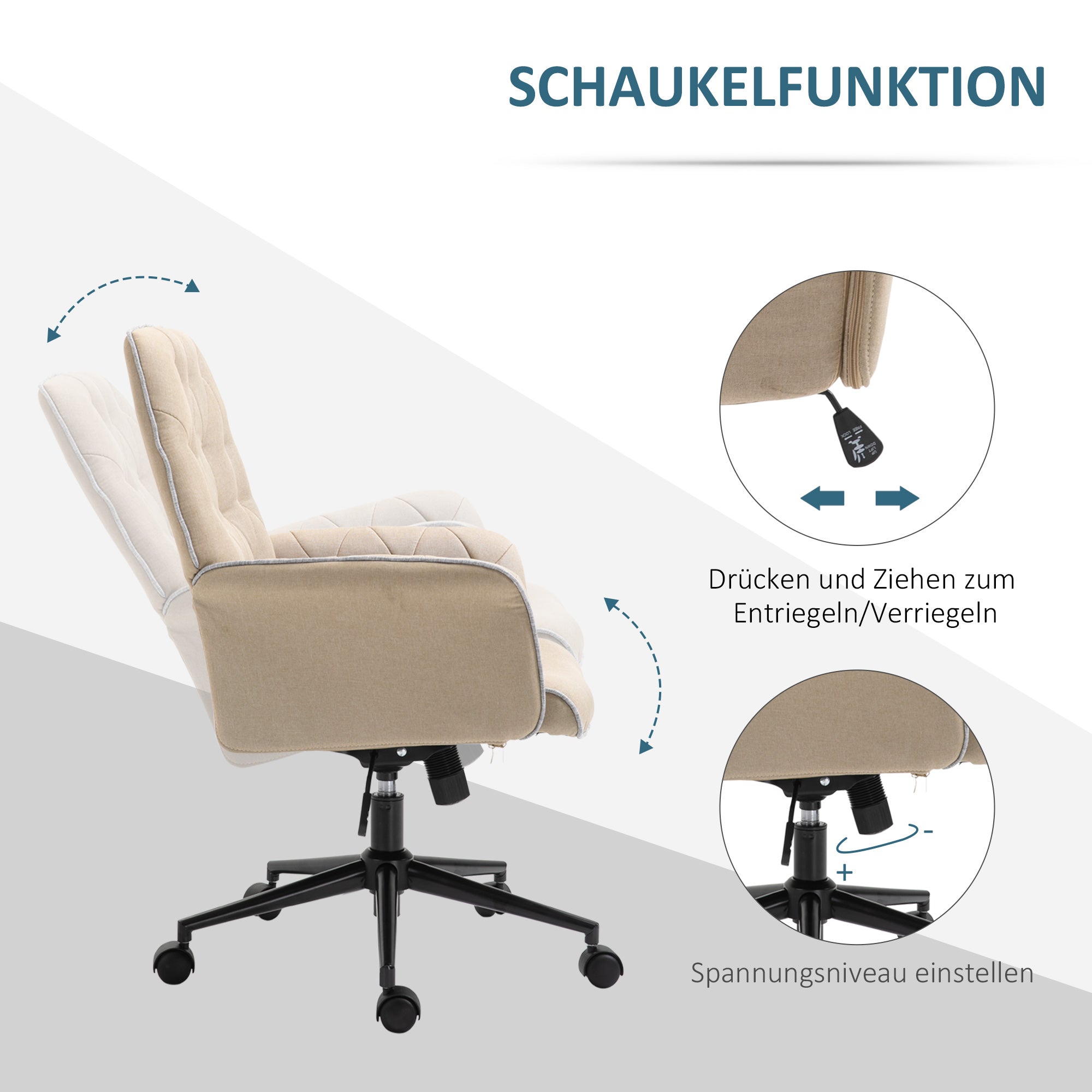 Vinsetto Bürostuhl mit Wippfunktion Drehstuhl Home-Office-Stuhl höhenverstellbarer Schreibtischstuhl Computerstuhl Arbeitsstuhl mit Armen 360°-Drehräder Schaumstoff Beige 66 x 69 x 89,5-97 cm