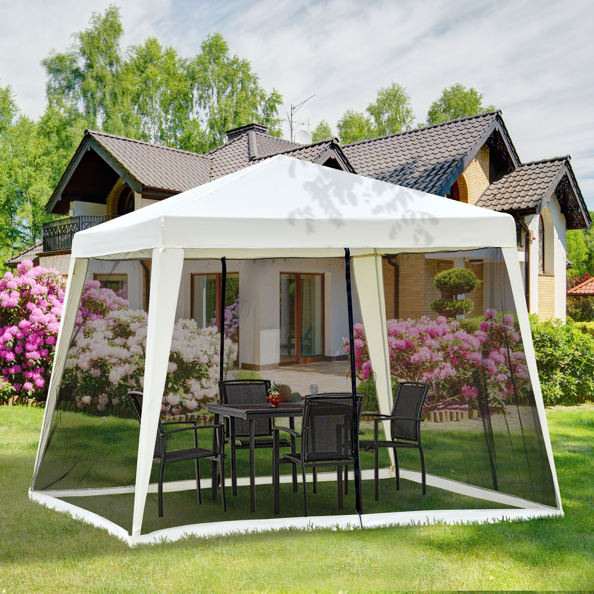 Outsunny Gartenpavillon Pavillon Festzelt Partyzelt wetterfest Zelt mit Moskitonetz Metall + Polyester Cremeweiß 3 x 3 m