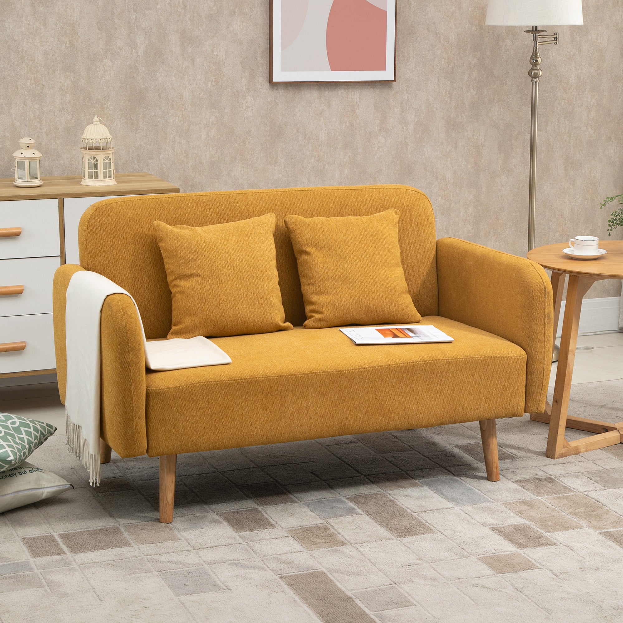 HOMCOM 2 Sitzer Sofa, Couch mit 2 Wurfkissen, gepolsterter Doppelsofa, Polstersofa mit Samtopik, Armlehne, Loveseat für Wohnzimmer, Schlafzimmer, 130 x 70 x 80 cm, Gelb