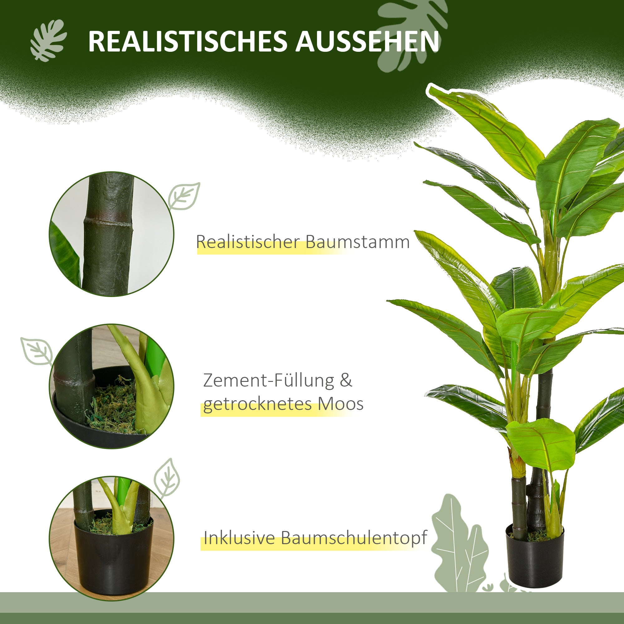 HOMCOM künstliche Pflanzen 150 cm Kunstpflanzen im Topf künstlicher Bananen Baum Kunstpflanze Kunstbaum Zimmerpflanze Dekopflanze Büropflanze Kunststofftopf für drinnen