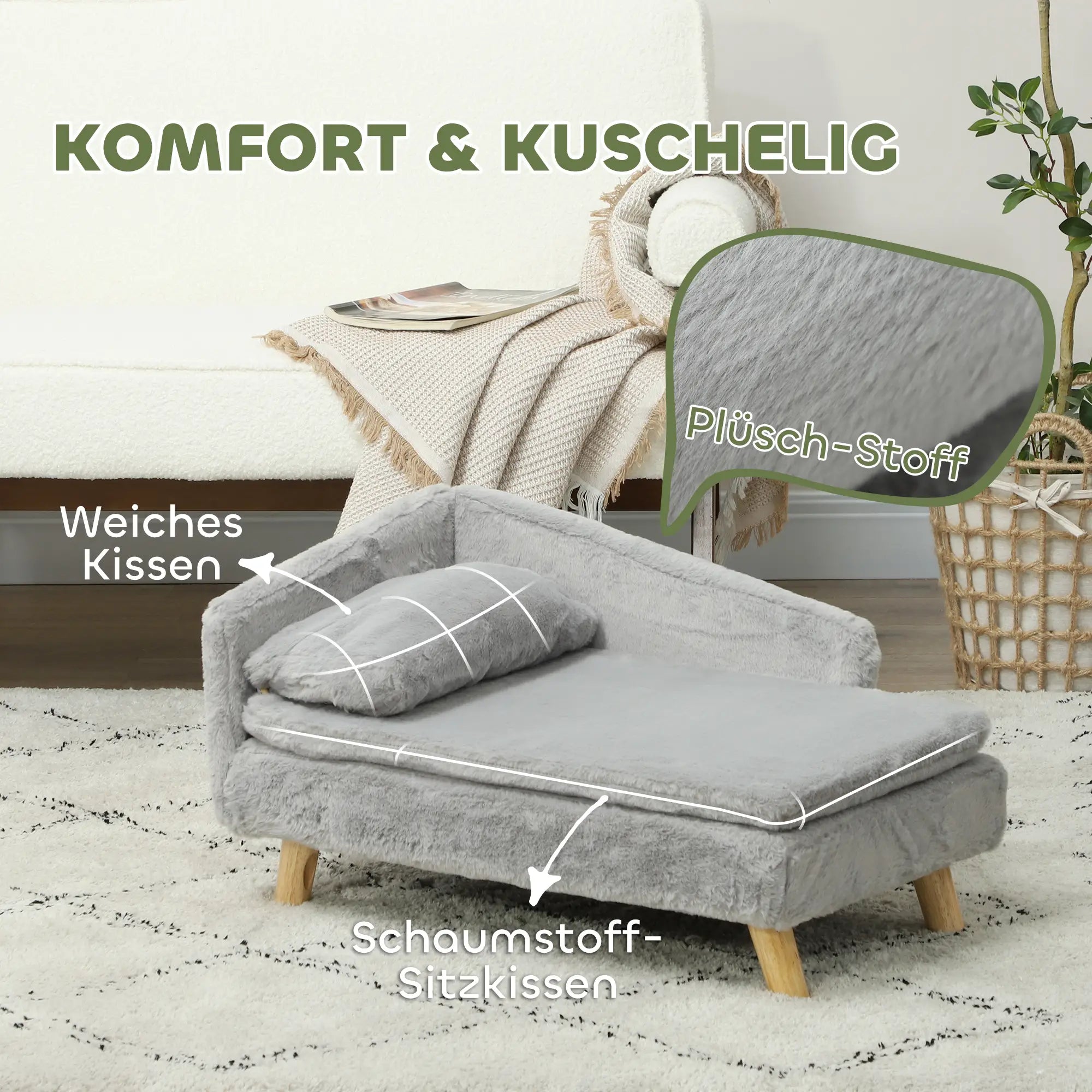 PawHut Hundesofa 80x50x40 cm hellgrau mit Holzbeinen