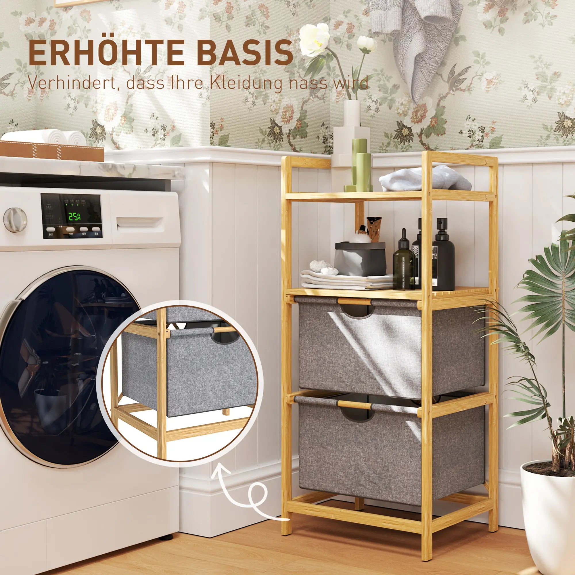 HOMCOM Badregal Wäschekorb 2 Fächer zweistufig Bambus Naturholz