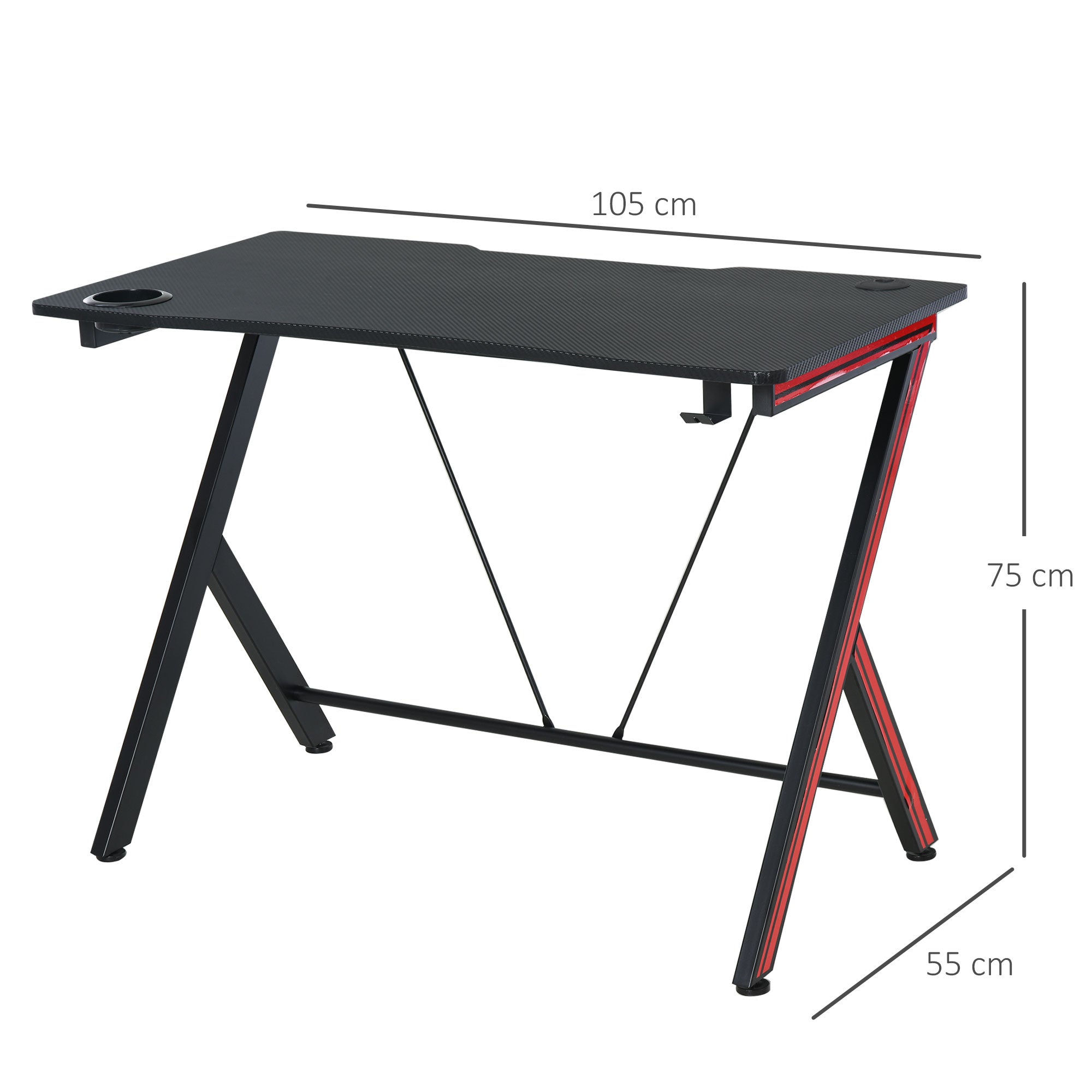 HOMCOM Gaming-Tisch Schreibtisch mit Kopfhörerhaken Getränkehalterung Computertisch Stahl + MDF Schwarz 105 x 55 x 75 cm