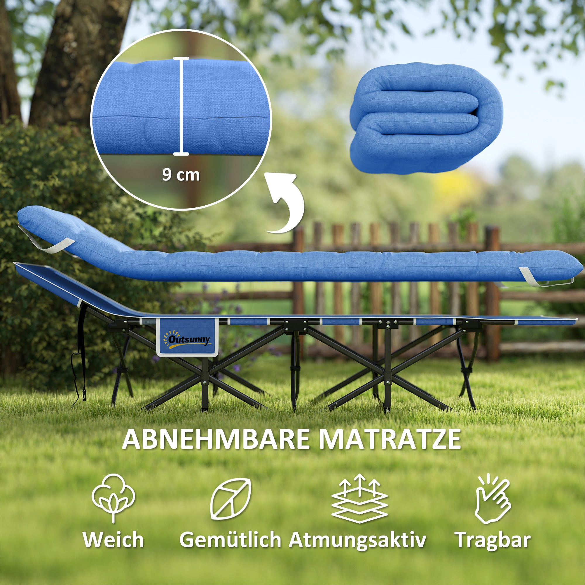 Outsunny Feldbett faltbar Campingbett mit Matratze Kopfkissen Seitentasche 190 x 65 x 37 cm bis 150 kg Dunkelblau