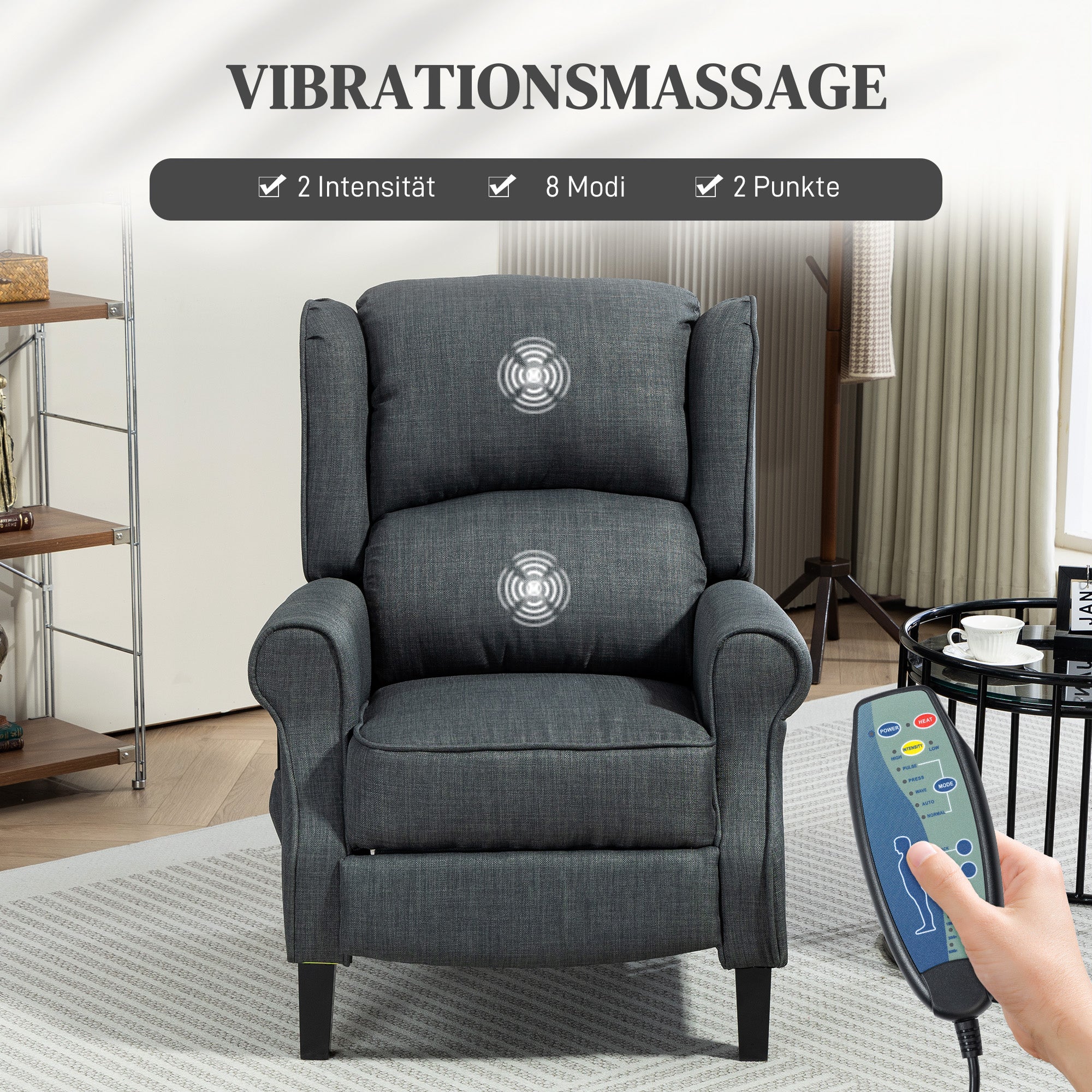 HOMCOM Massagesessel mit Heizfunktion, 2 Massagebereiche, Liegefunktion, bis 150 kg, Dunkelgrau