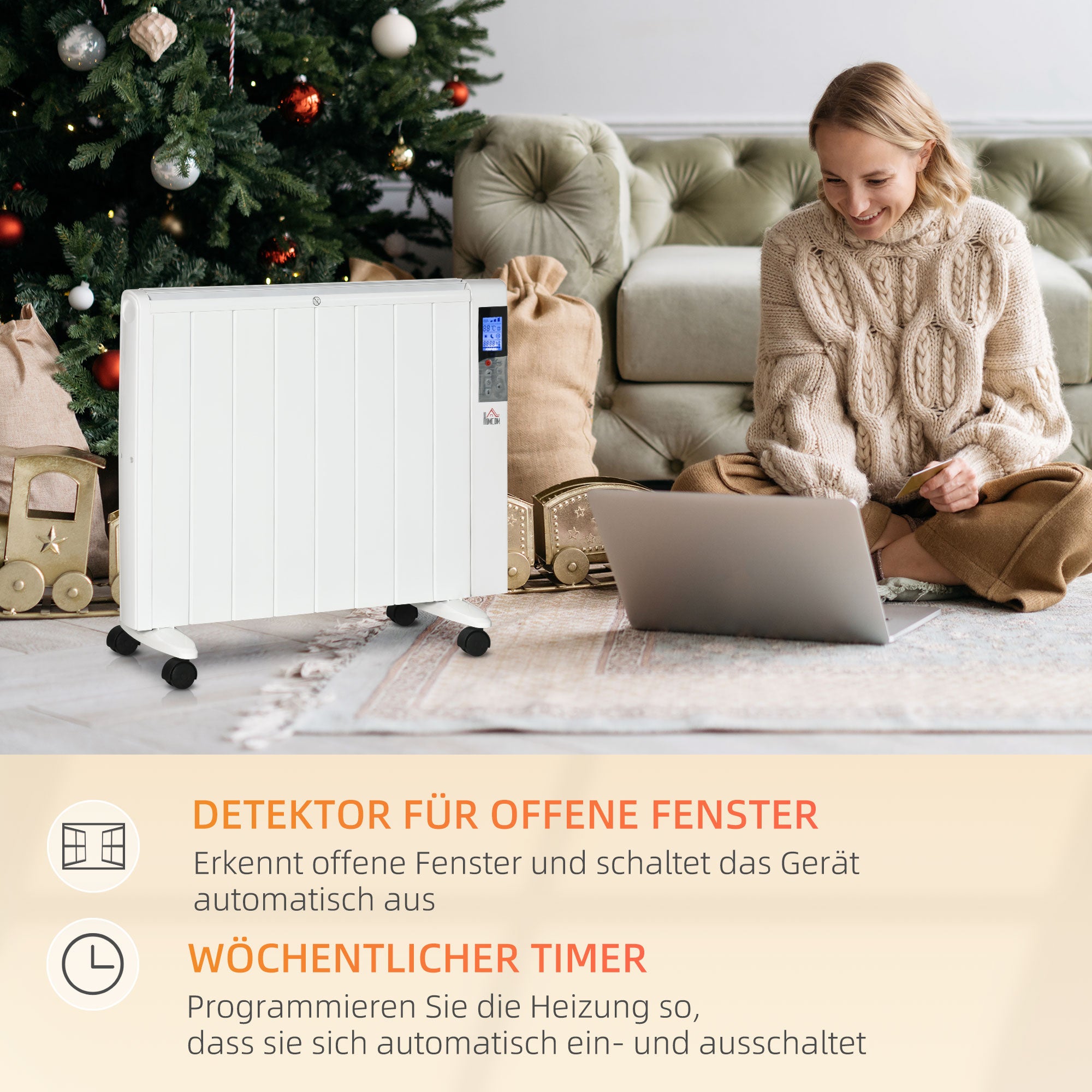 HOMCOM Elektroheizung mit Rollen, 9 vorinstallierte Modi, Wandmontage möglich, 5-35° C, weiß, 75 x 7,5 x 58,5 cm
