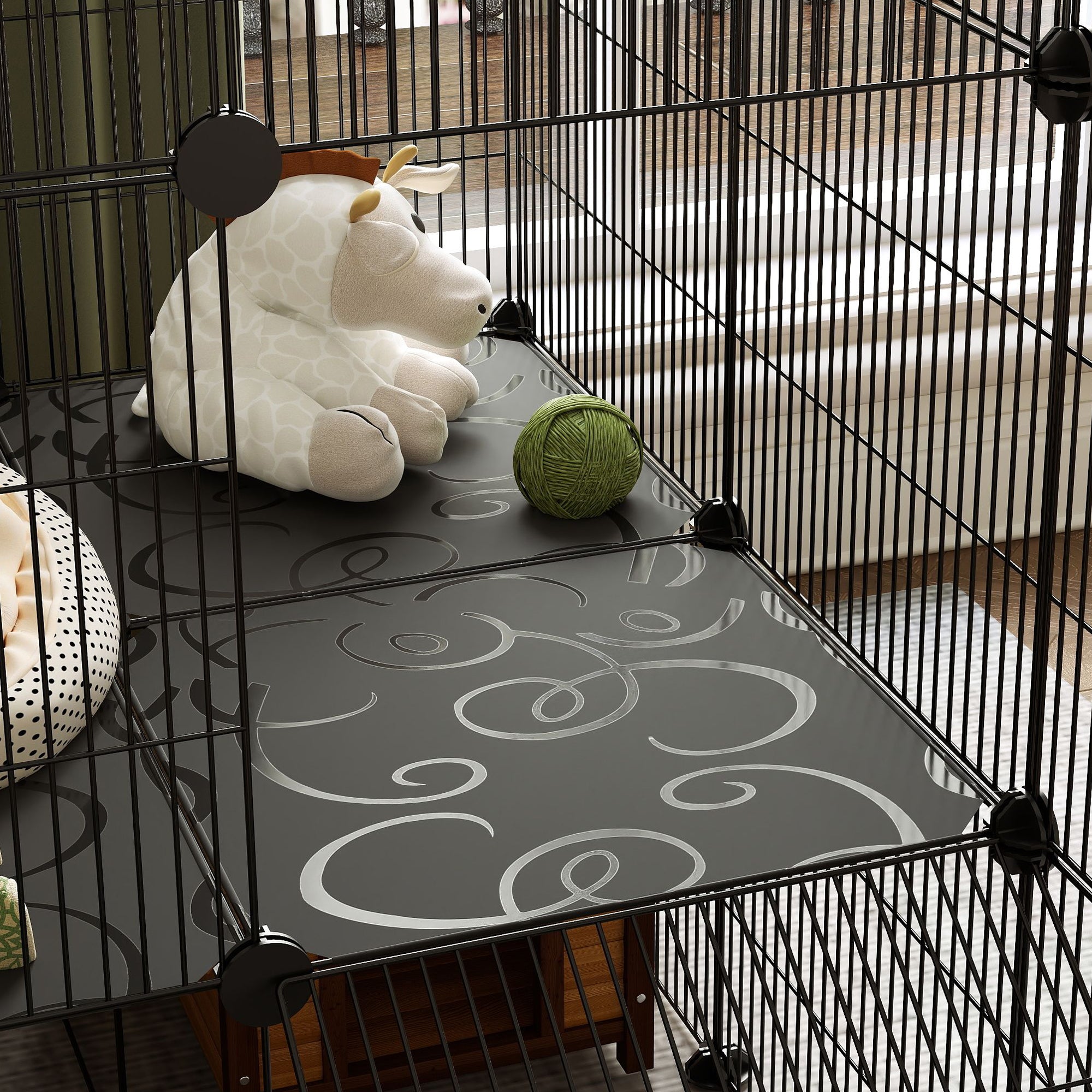 PawHut Gehege für Zwergkaninchen, 39-Paneel-Stall für kleine Haustiere, mit Rampe, für Kleintiere, Indoor, Schwarz