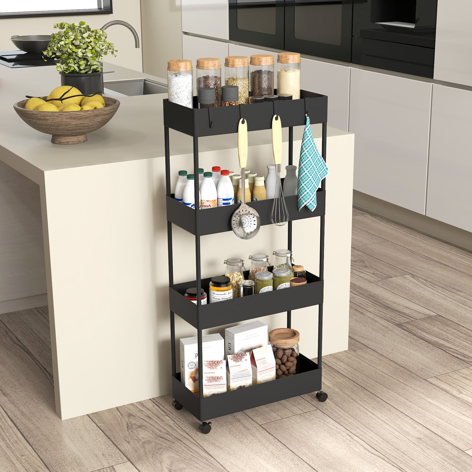 HOMCOM Küchenwagen mit 4 Regalen, 4 flexiblen Haken, 4 Rollen, 40 cm x 19 cm x 90 cm, Nischenwagen, Schwarz