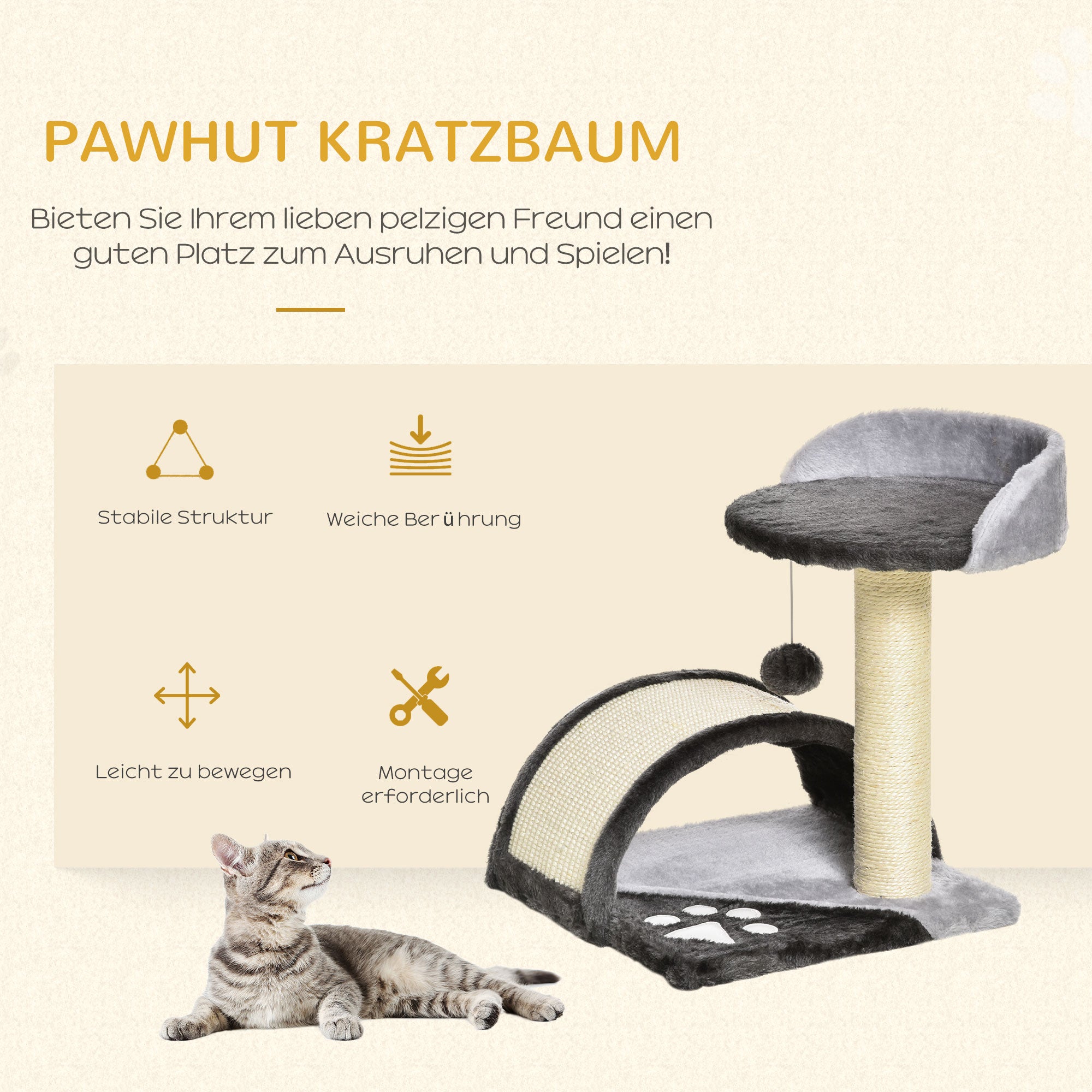 PawHut Kratzbaum Katzenbaum mit Spielbällen Katzenkratzbaum Sisalseil-Kratzstangen Grau 35,5 x 37 x 46 cm