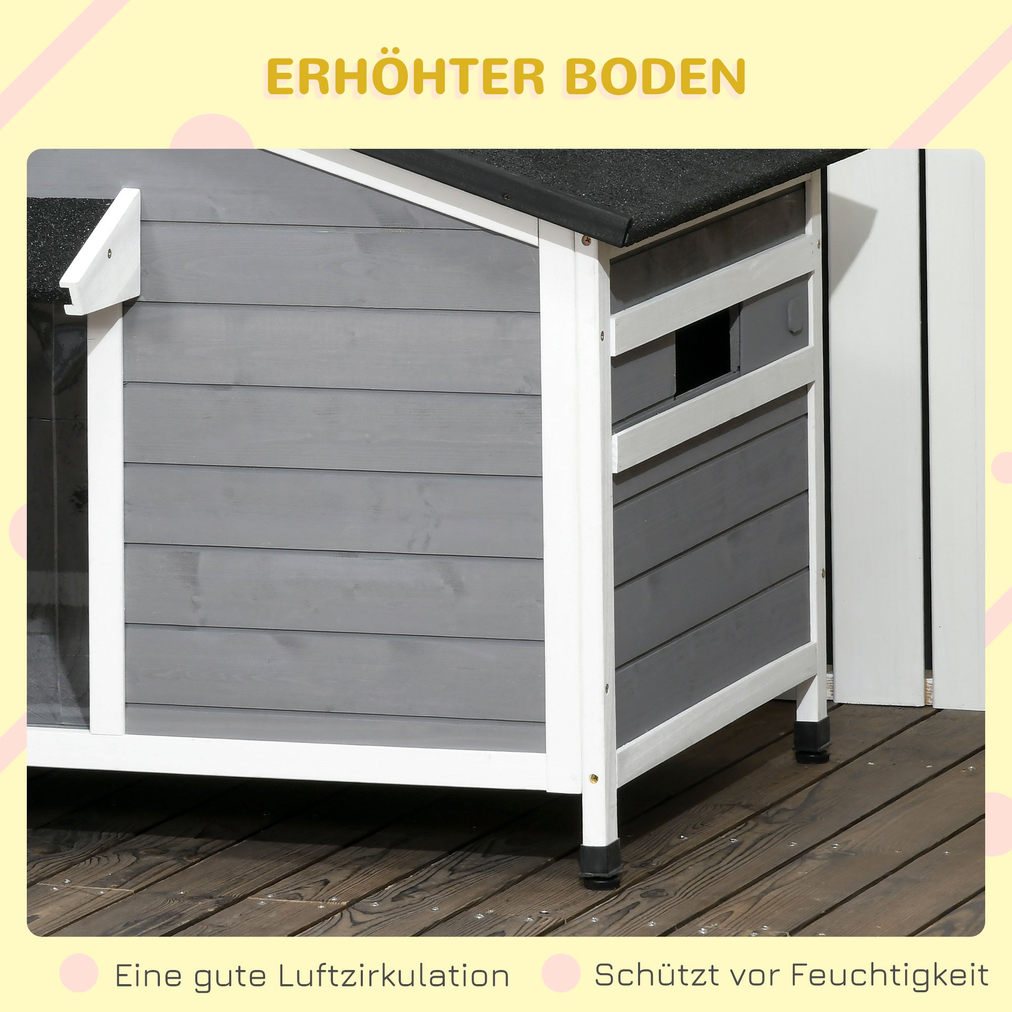 PawHut Hundehütte aus Massivholz, wetterbeständig, Asphaltdach, abnehmbarer Boden, 109 cm x 79 cm x 72 cm, Grau + Weiß