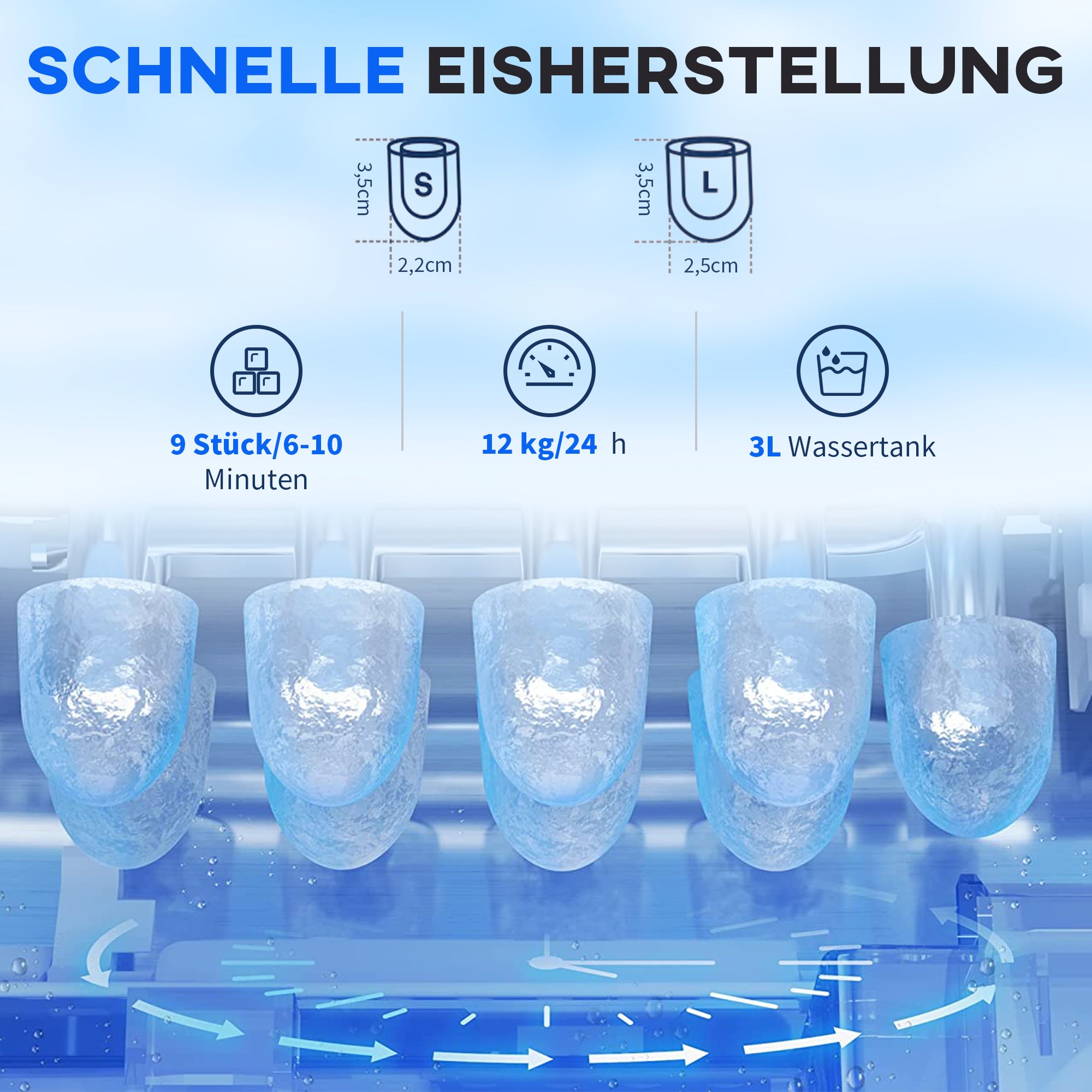 HOMCOM Eiswürfelmaschine Eiswürfelbereiter Ice-Maker, Timer-Funktion, 1,2 L Wassertank,  Silber