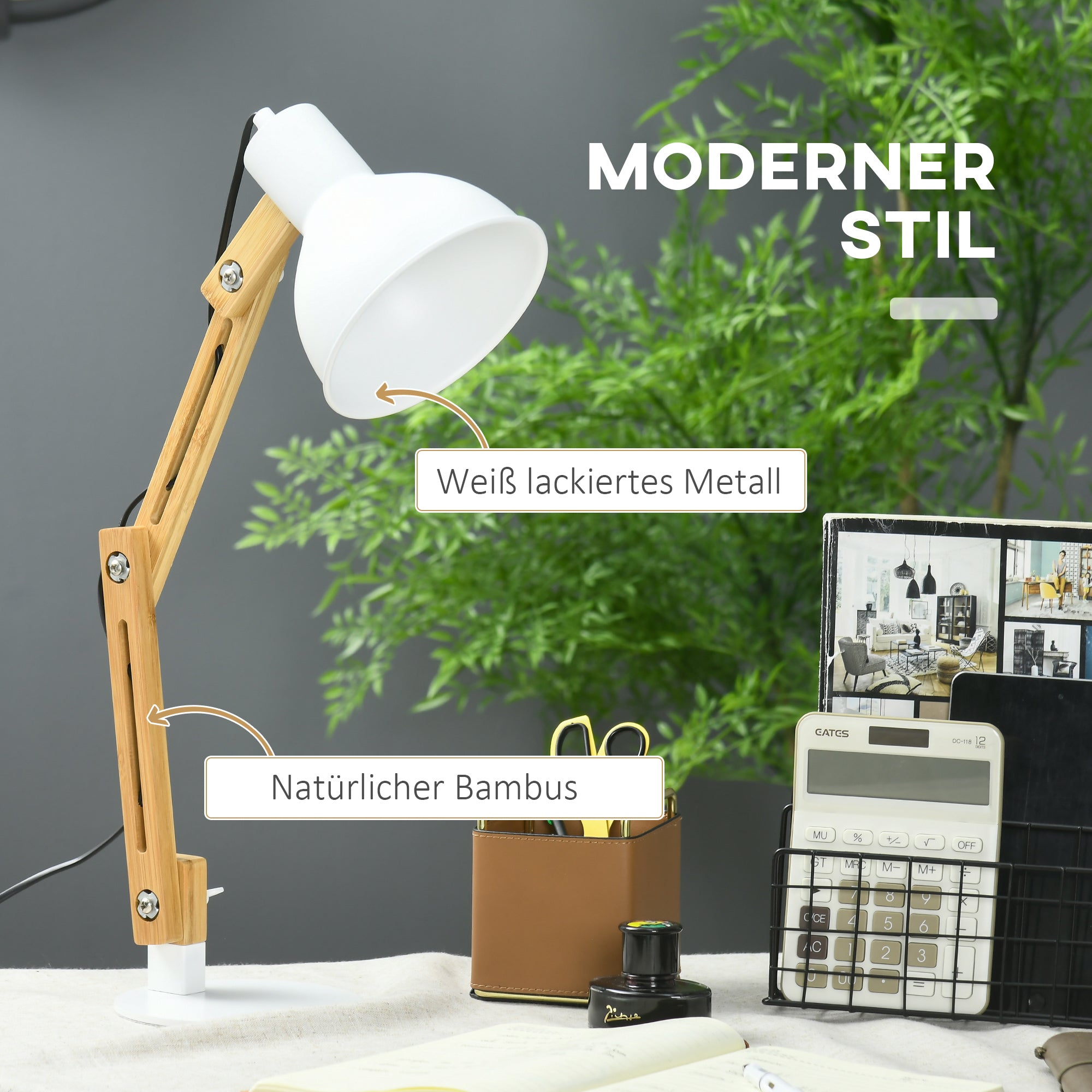 HOMCOM Schreibtischleuchte in Vintage-Design, Bambus, verstellbarer Schwenkarm, Weiß + Natur