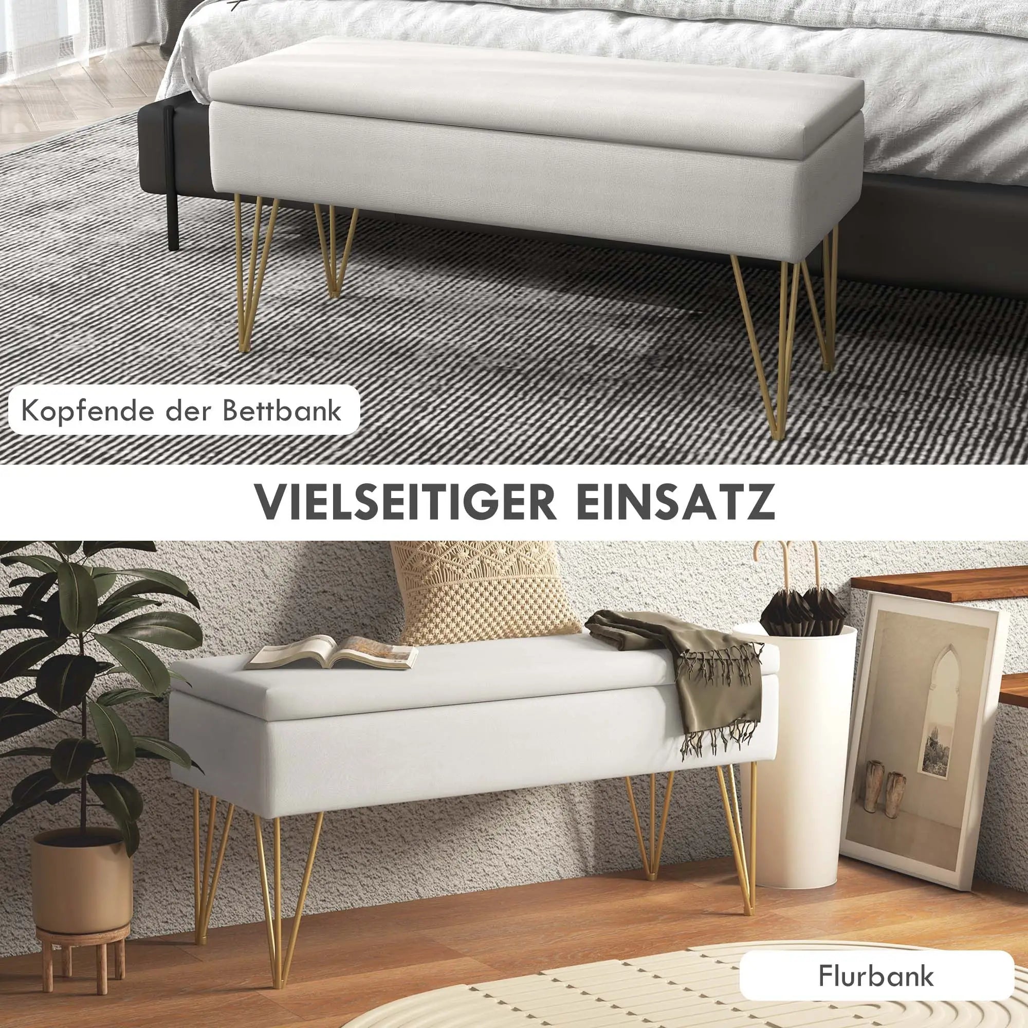 HOMCOM Bettbank mit Stauraum, dicke Polsterung, atmungsaktiver Stoff, Stahlfüße, 100x40x49 cm, Creme