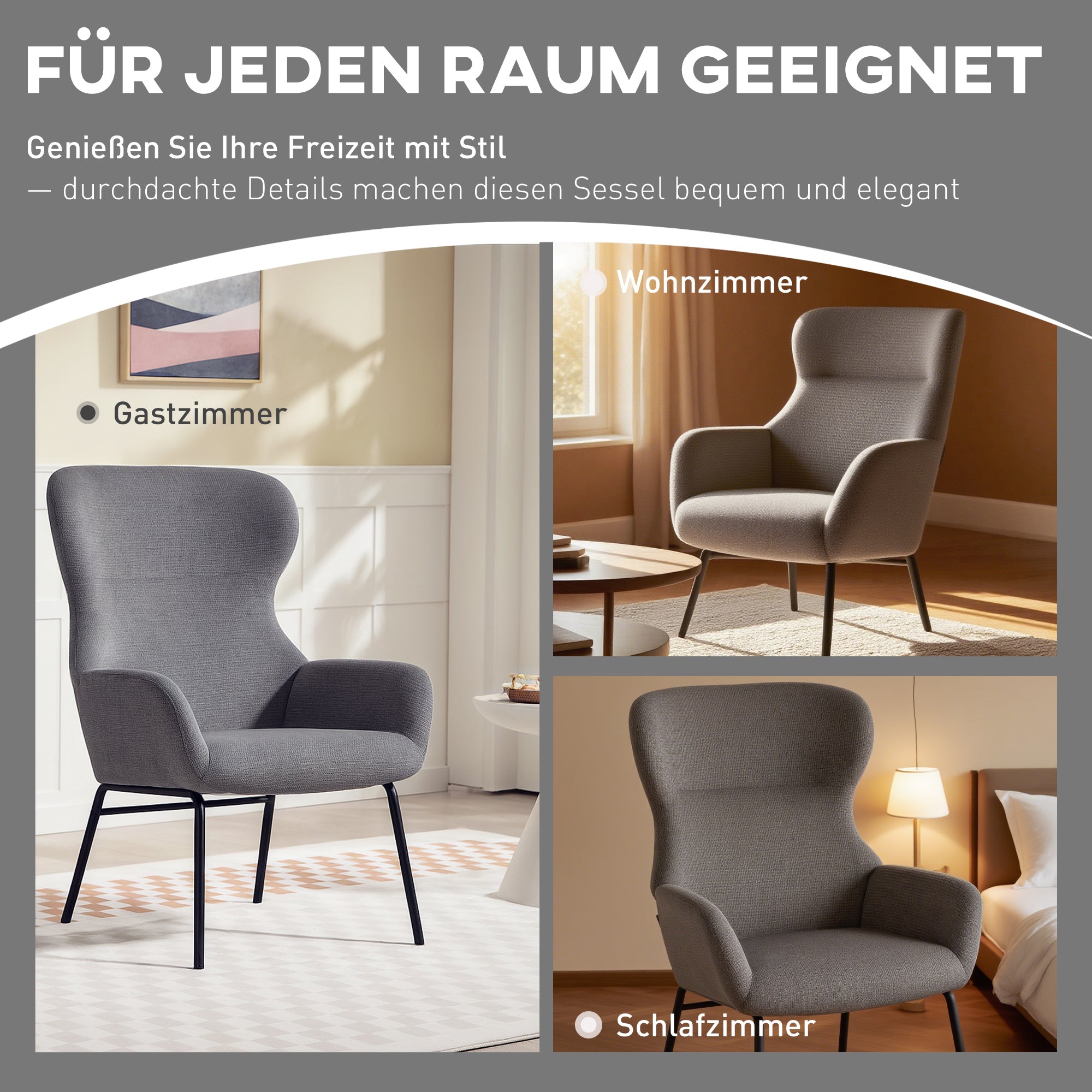 HOMCOM Moderner Polsterstuhl im Ohrenbacken-Stil, hohe Rückenlehne, dicke Polsterung, Metallbeine, Grau