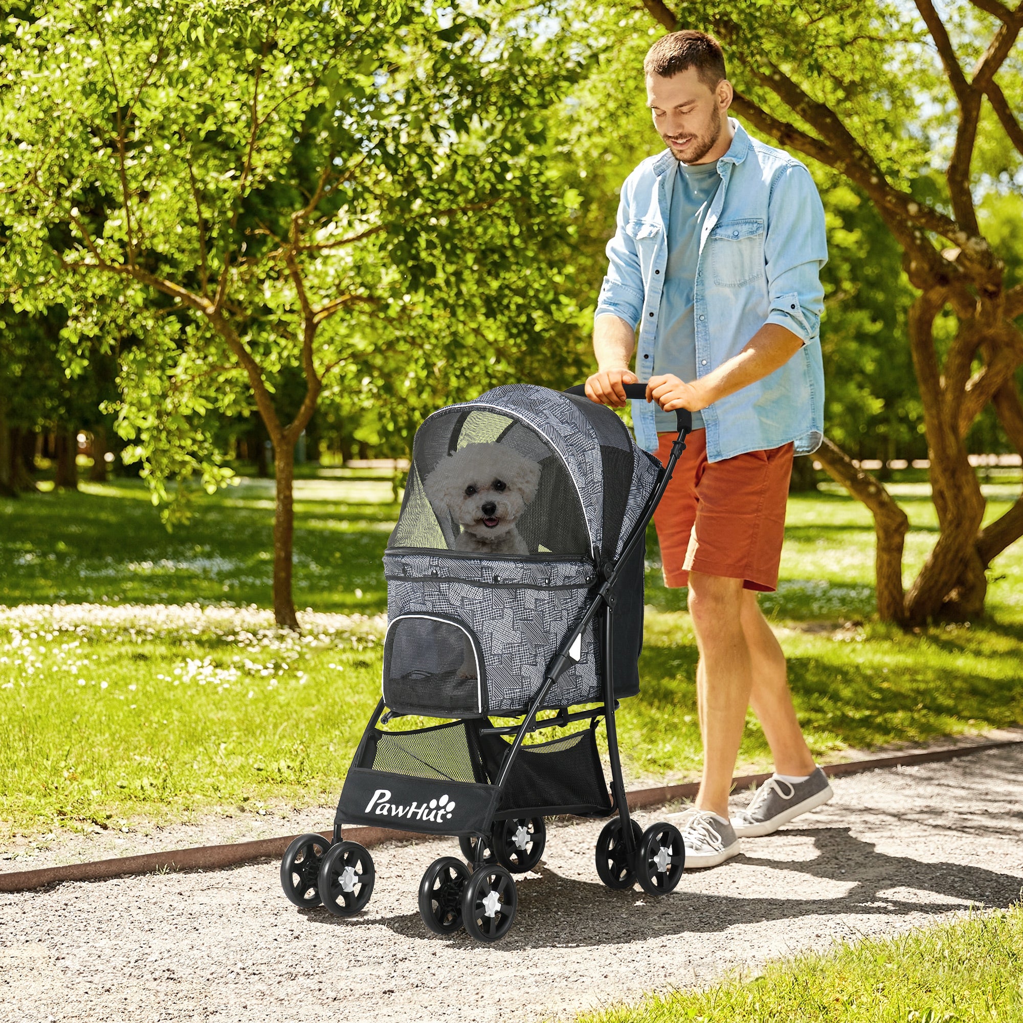 PawHut Hundebuggy Hundewagen bis 10kg klappbar verstellbares Vordach Bodenkorb Kissen Seitentasche 81 cm x 48 cm x 99 cm Grau