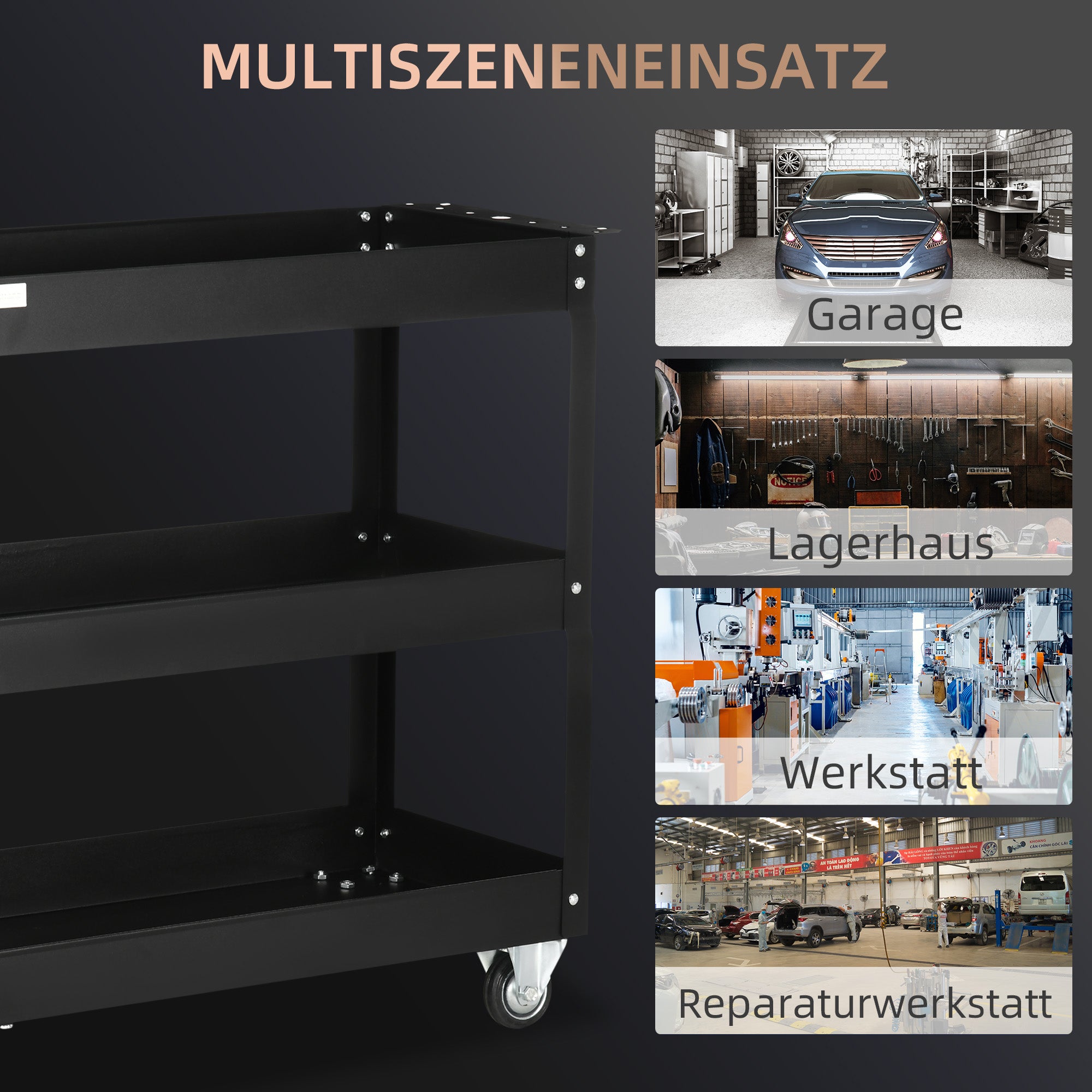 DURHAND 3-stufiger Werkzeugwagen, 4 Rollen, Stahl, 83B x 35,3T x 76H cm, Schwarz