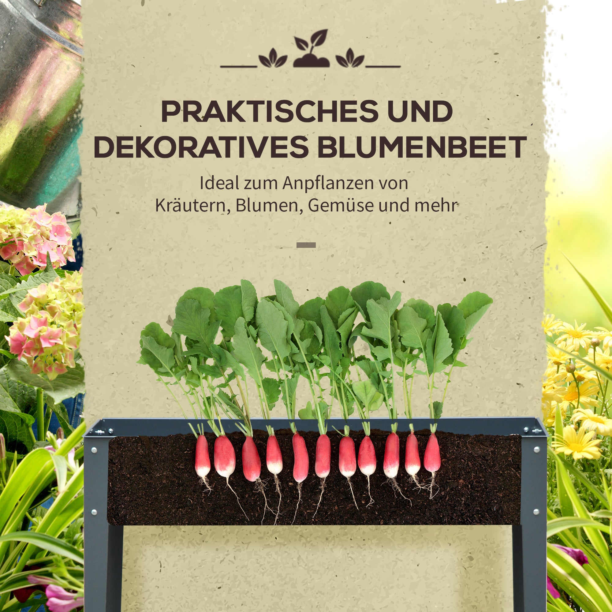 Outsunny Hochbeet, Kräuterbeet, Pflanzkasten mit 3 Abflusslöchern, Blumenkasten mit Füßen, Metall, 100 x 30 x 80 cm