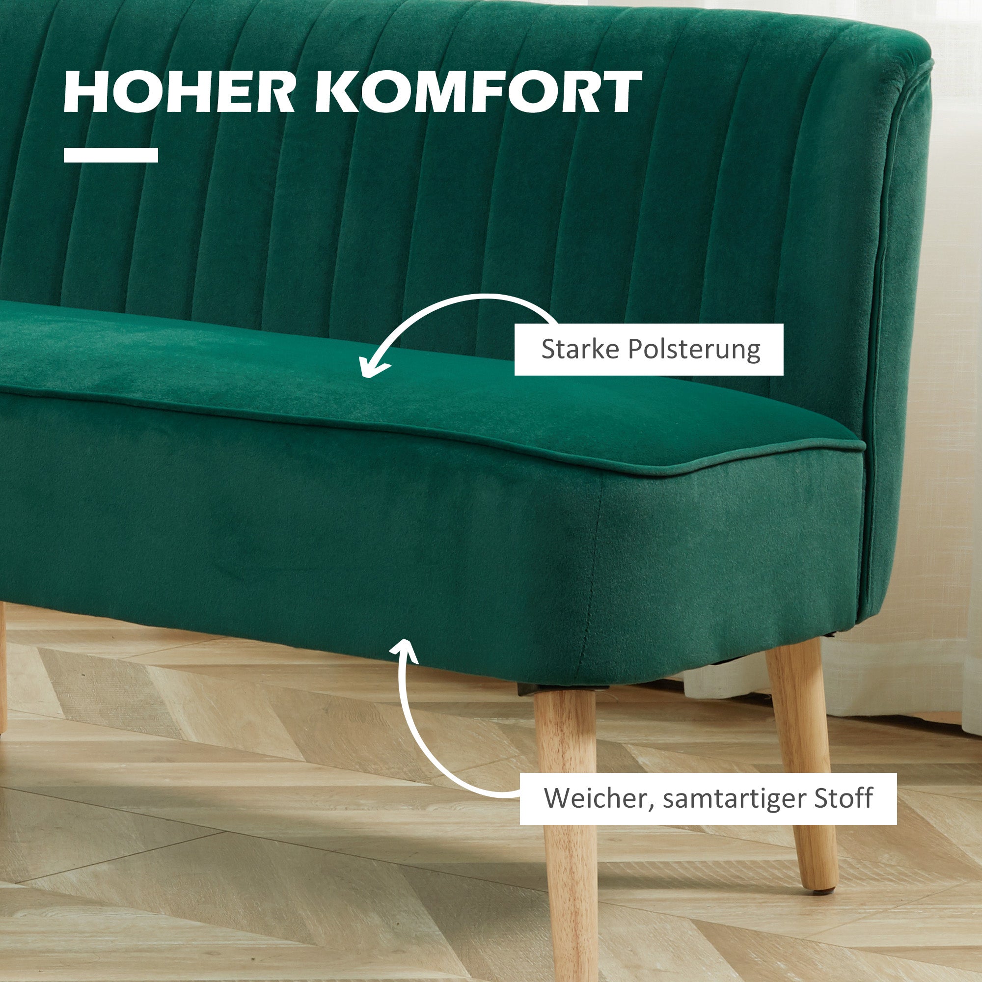 HOMCOM 2-Sitzer Stoffsofa Polstersofa Doppelsofa Sitzmöbel Loungesofa Holz Samtartiges Polyster Schaumstoff Dunkelgrün 117 x 56,5 x 77 cm