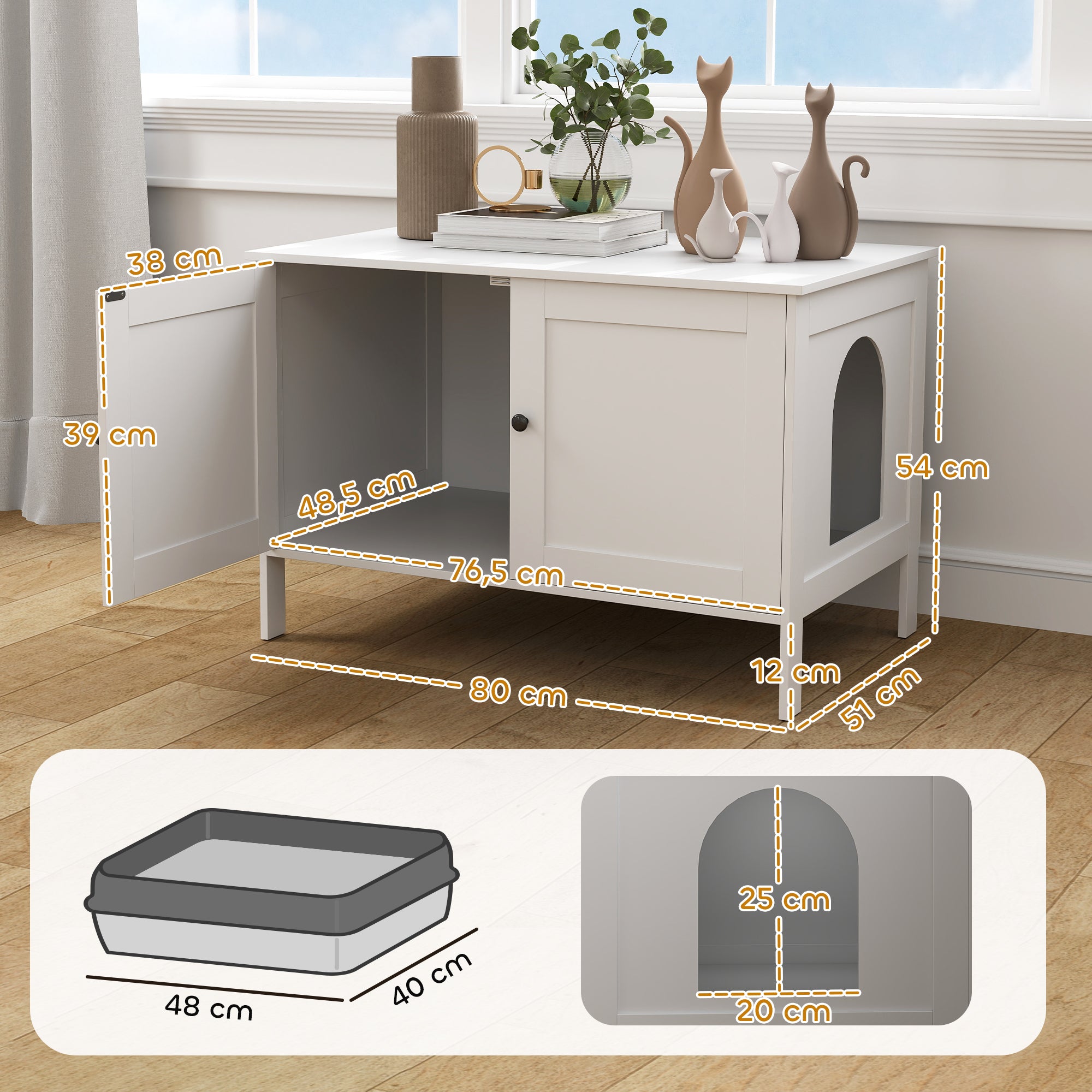 PawHut Katzenklo-Schrank Katzenhaus mit Tür Trennwand Katzentoilette für große Katzen 80 x 51 x 54 cm Weiß