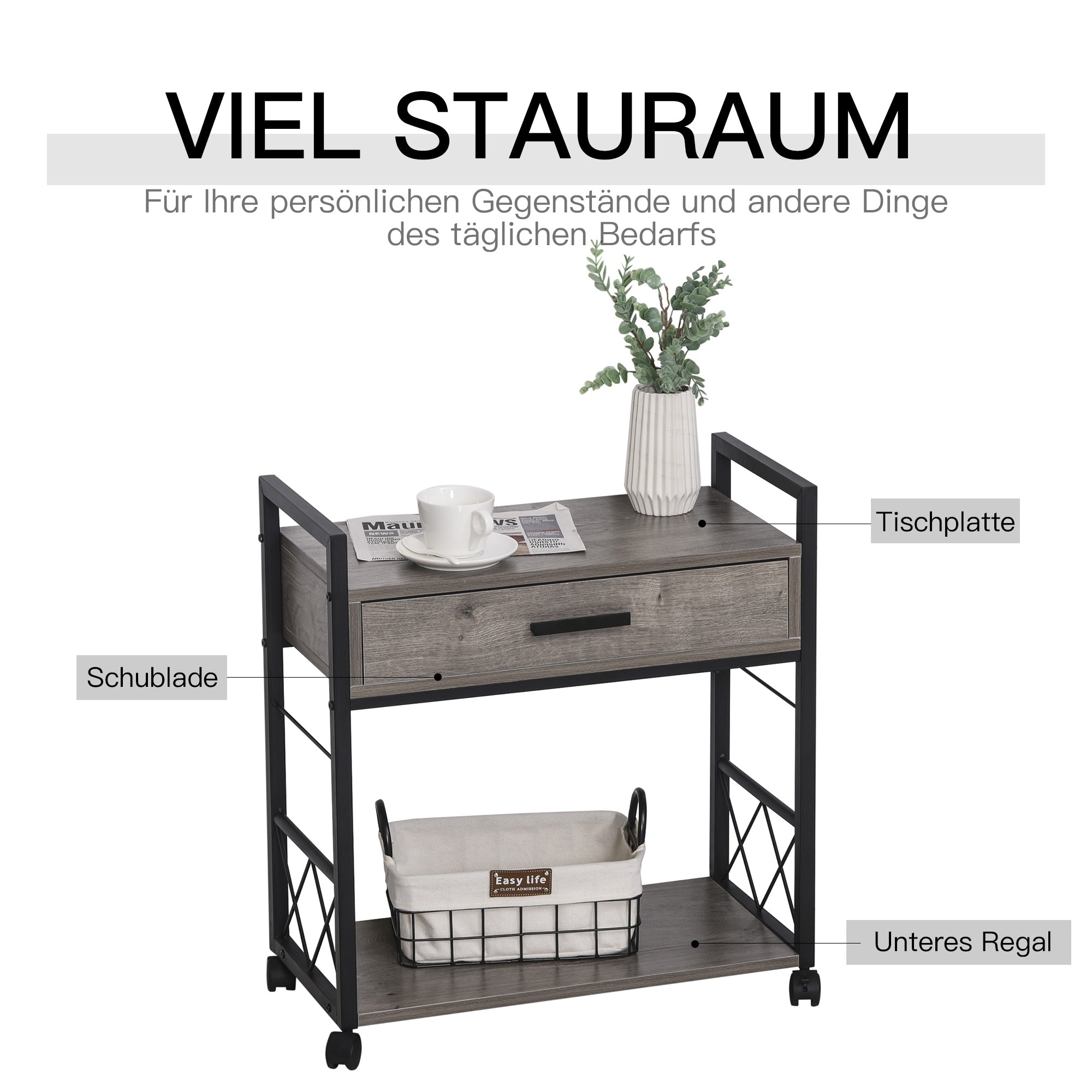 HOMCOM Beistelltisch Servierwagen mit Rädern Küchenwagen Kaffeetisch mit Schublade Ablage Sideboard beweglich Grau Spanplatte 60 x 30 x 65 cm