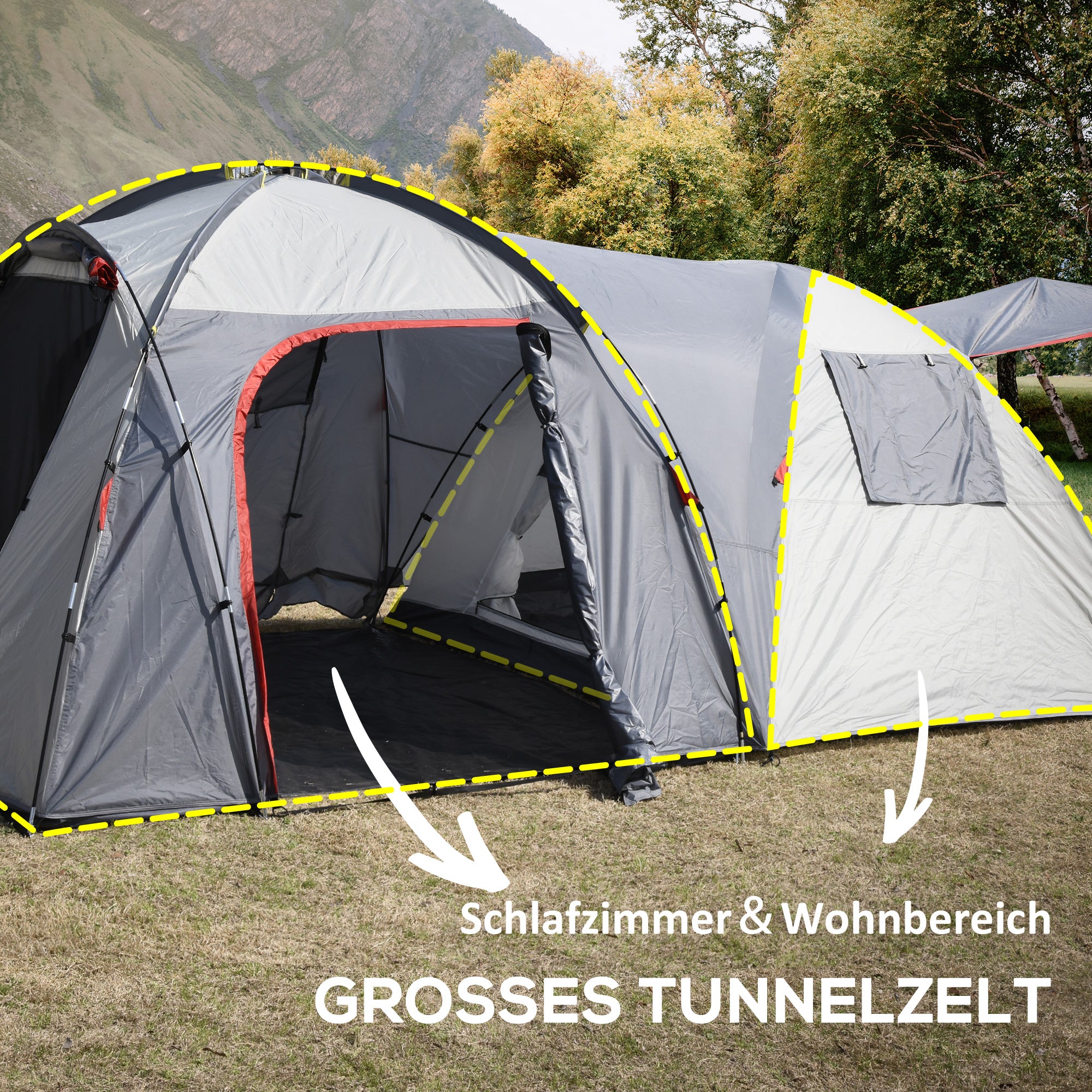 Outsunny Campingzelt für 4-5 Personen, zwei Innenräume, herausnehmbare Bodenmatte, grau, 4,90 x 2,50 x 1,85 m