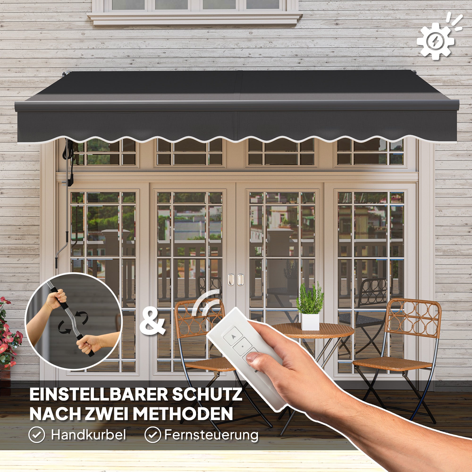 Outsunny Klemmmarkise mit Handkurbel elektrisch höhenverstellbar Gelenkarmmarkise 300 cm breit Dunkelgrau