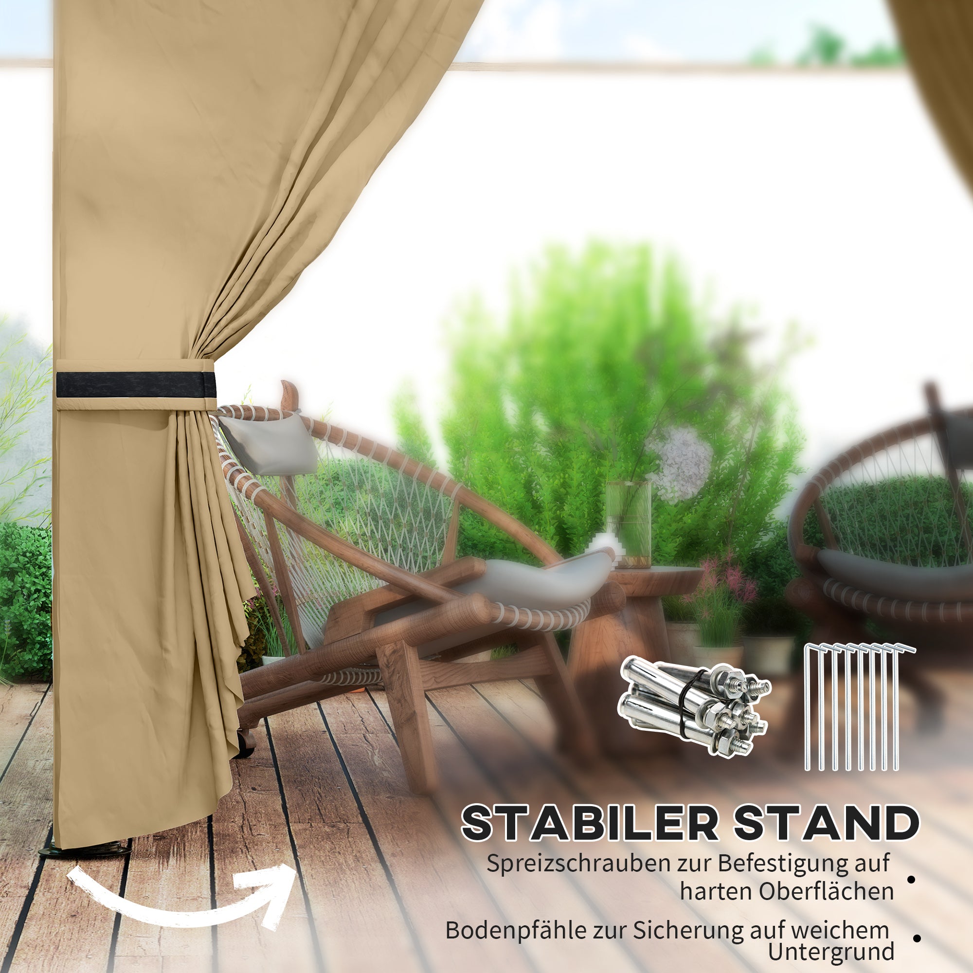 Outsunny 3,4 x 3,4 m Gartenpavillon, Bierzelt mit Lüftungsdach, Bogenfenstern, Stahlgestell, Beige