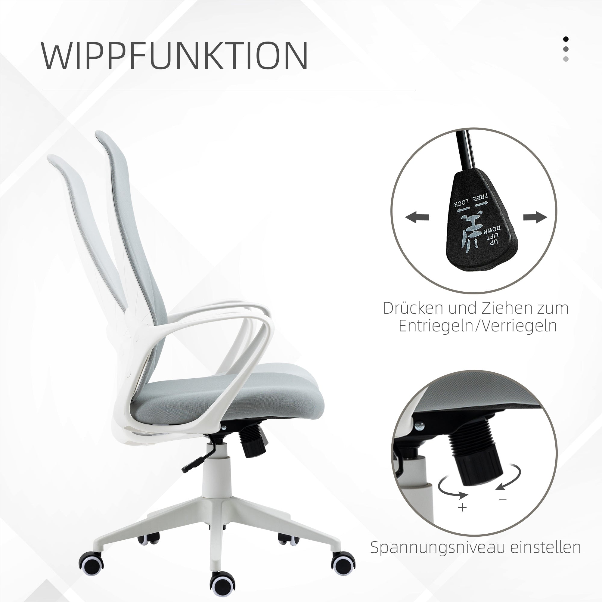 Vinsetto Bürostuhl mit Wippfunktion, Höhenverstellbar, bis 120 kg, Ergonomisch, Drehbar, 62x56x110-119,5cm, Hellgrau