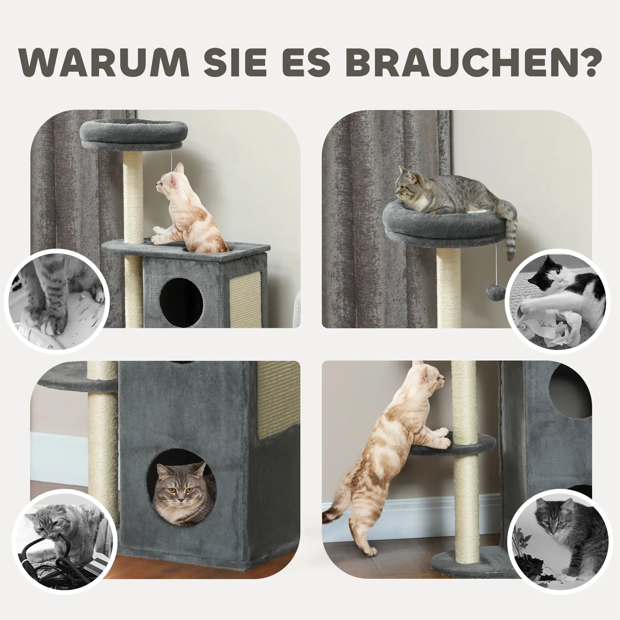 PawHut Kratzbaum 111?cm mit Höhle & Spielball Grau