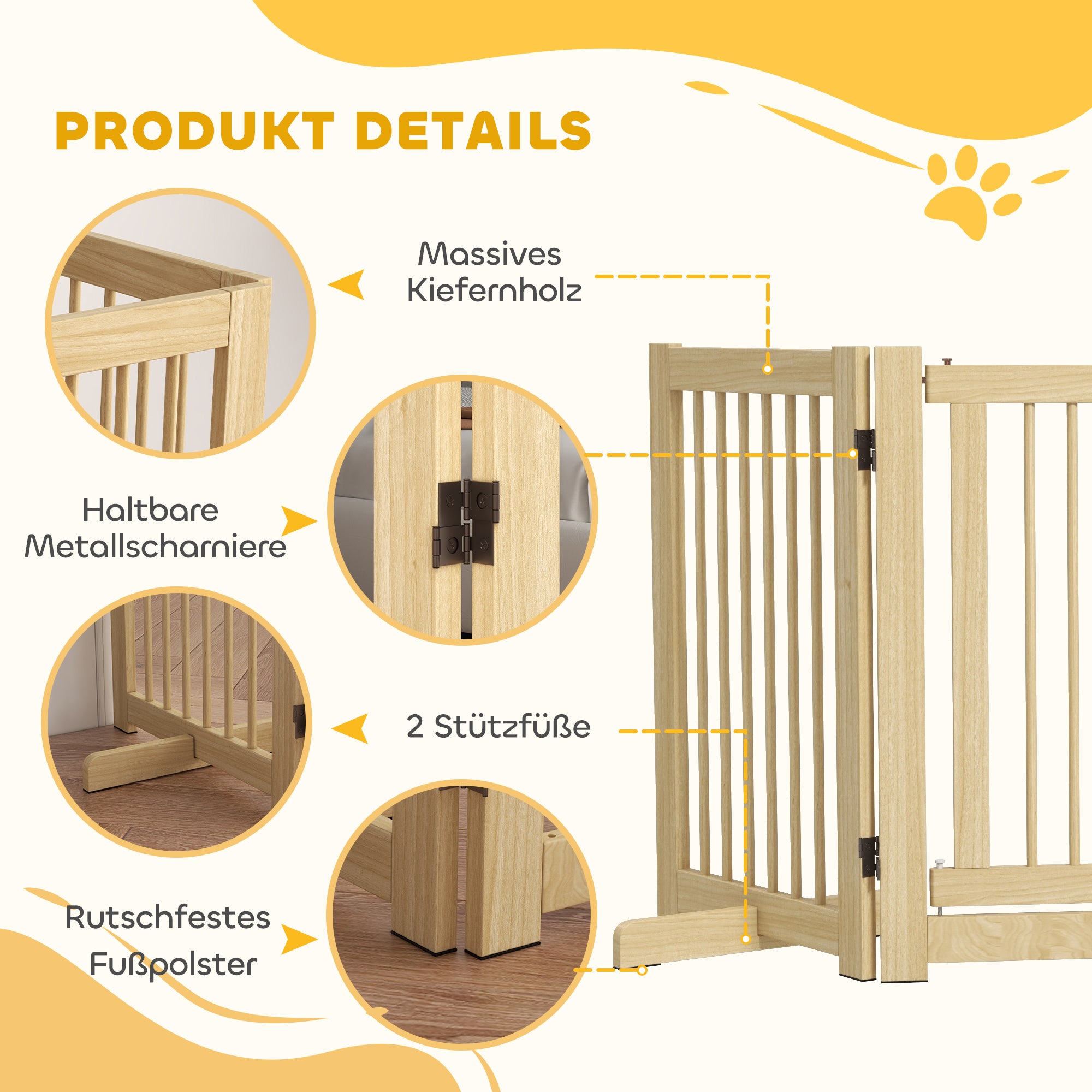 PawHut Freistehendes Hundegitter, 4 Paneele, flexibel, Kiefernholz, 204L x 36B x 75H cm, Naturholz