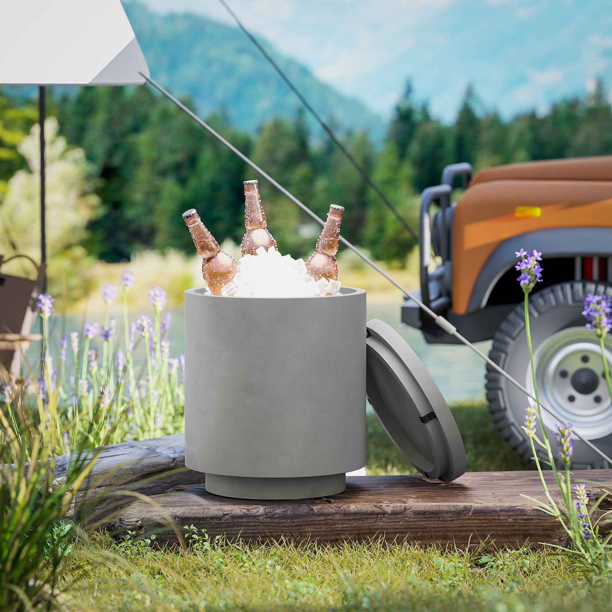 HOMCOM Outdoor-Tisch, Beistelltisch mit Kühler, Eiseimer, Hellgrau