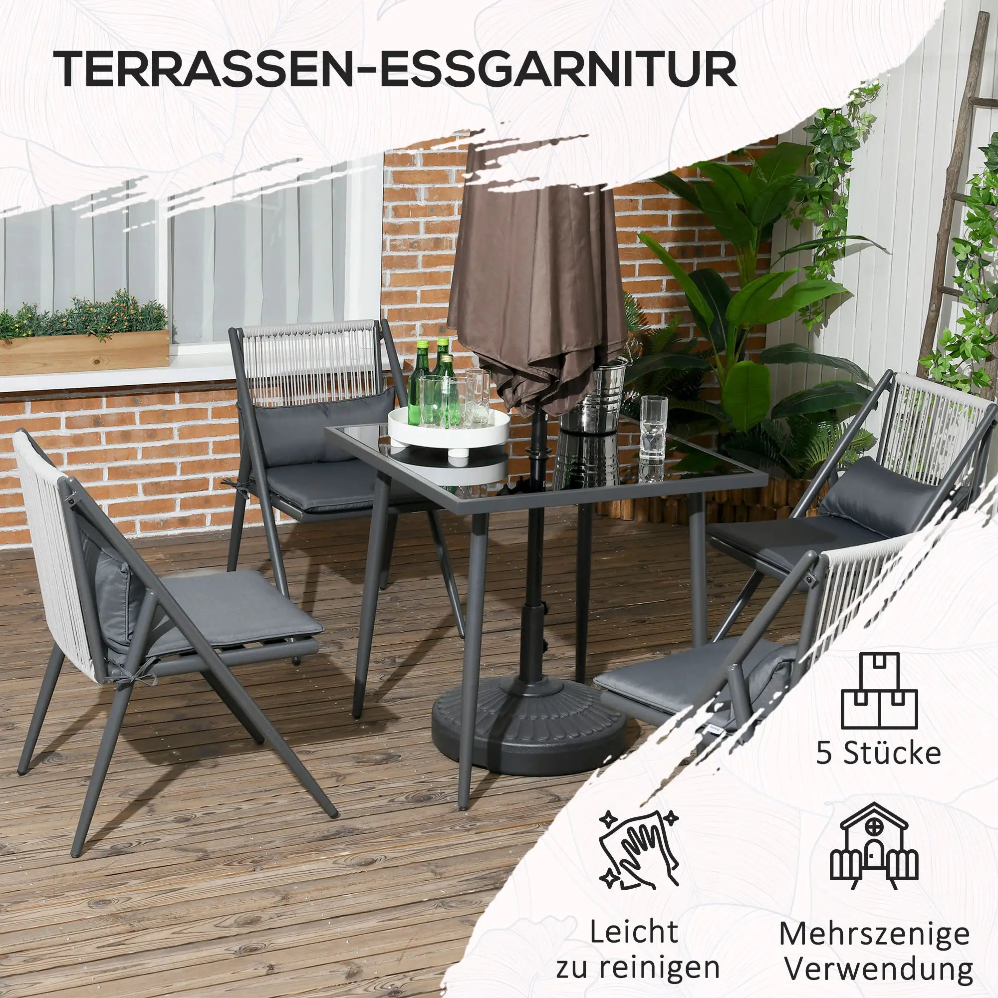 Outsunny 5-teiliges Gartenmöbel-Set Gartensitzgrupp Sitzgruppe, wetterbeständig, 80 cm x 80 cm x 75 cm, Dunkelgrau