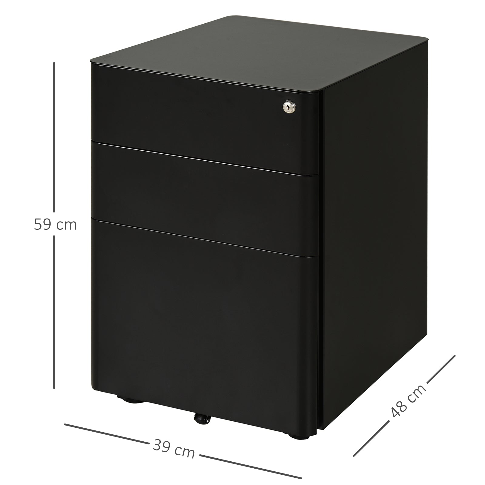 Vinsetto Rollcontainer, mobiler Aktenschrank mit 3 Schubladen, abschließbarer Büroschrank mit Hängeregistratur, Aufbewahrung, Stahl, 39 x 48 x 59 cm Schwarz