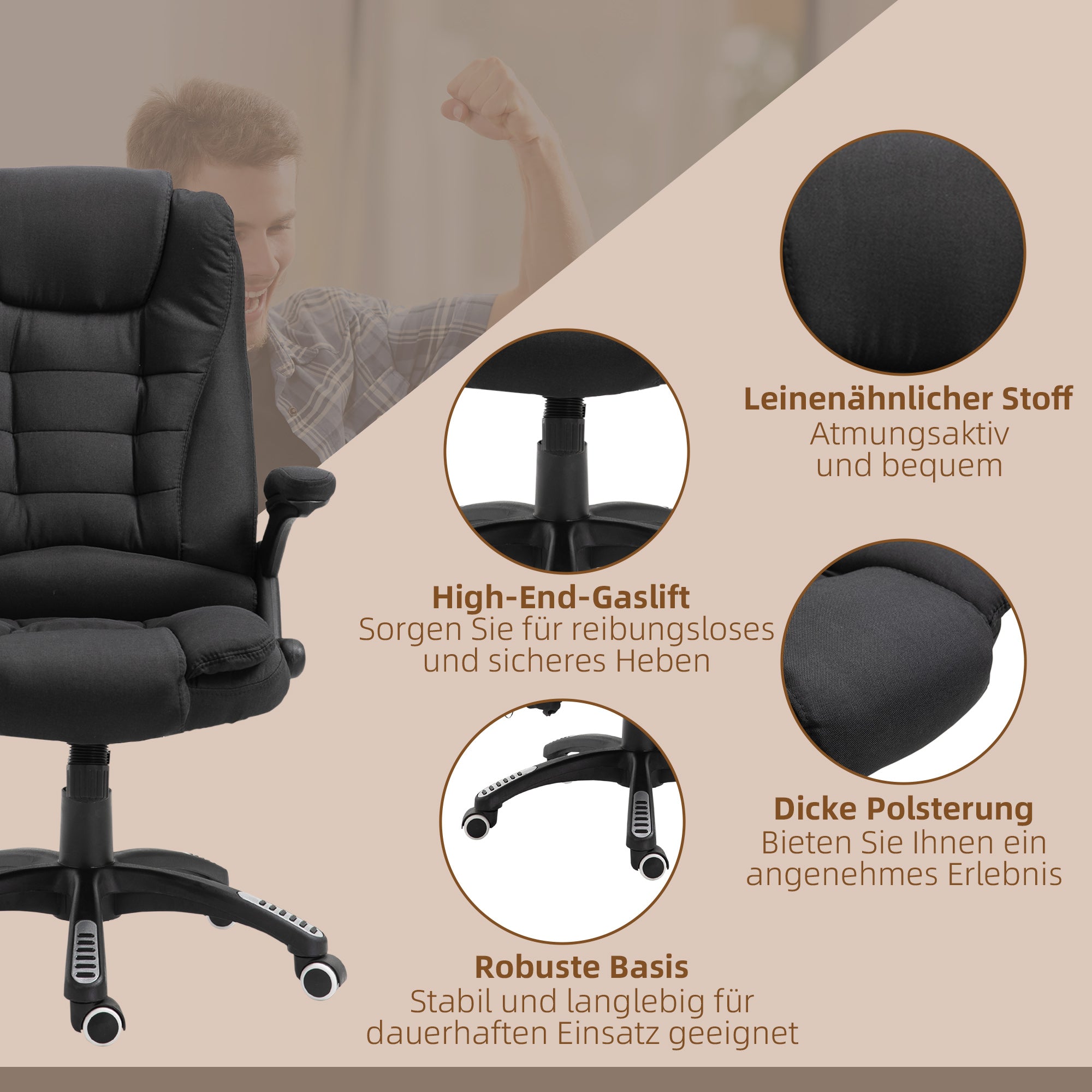 Vinsetto Bürostuhl mit Vibrationsmassage, Ergonomisch Schreibtischstuhl mit Heiz-, Liegefunktion, Höhenverstellbar Chefsessel mit Fernbedienung, Seitentasche, Leinenoptik, Schwarz