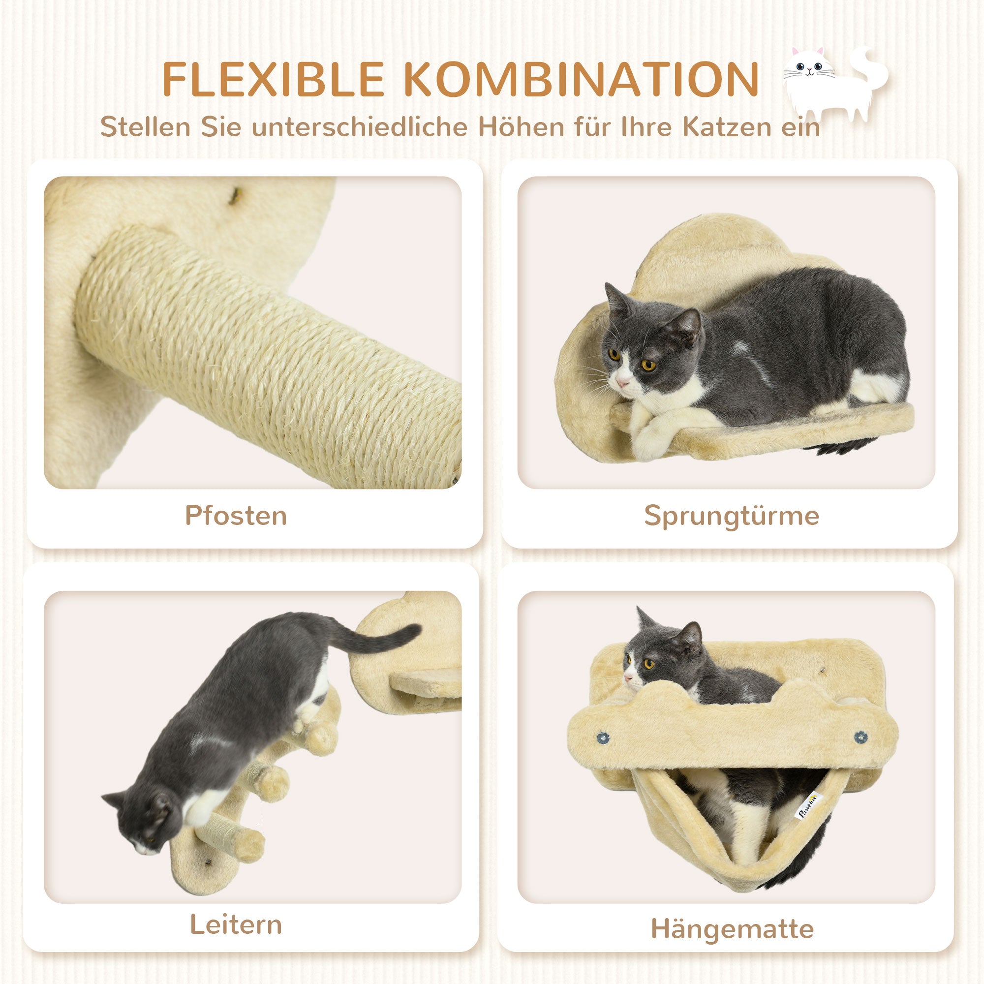 PawHut Katzentreppe, 4-teiliges Set, 3-stufige Sprossenleiter, 2 Plattformen, Hängematte, Plüschbezug, beige