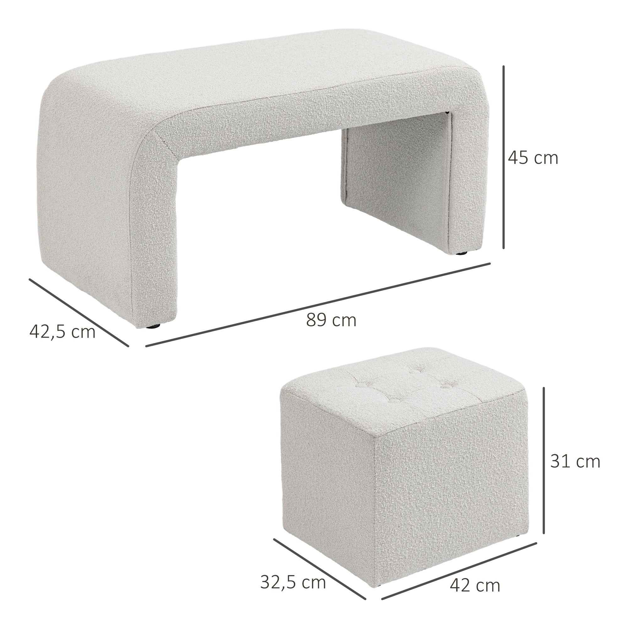 HOMCOM Fußhocker-Set Fußhocker 3-teilig, Knopfheftung, 89 cm x 42,5 cm x 45 cm, Creme