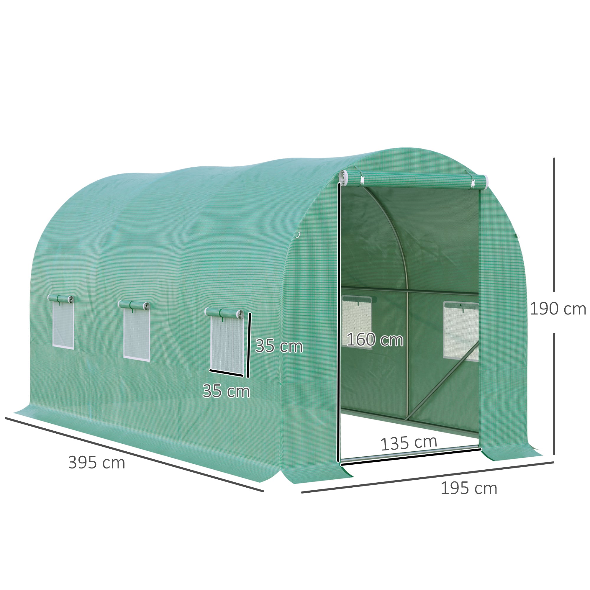 Outsunny Rundbogen-Gewächshaus, 6 Netzfenster, transparente Folie, Metallrahmen, 3,95 x 1,95 x 1,90m, Grün