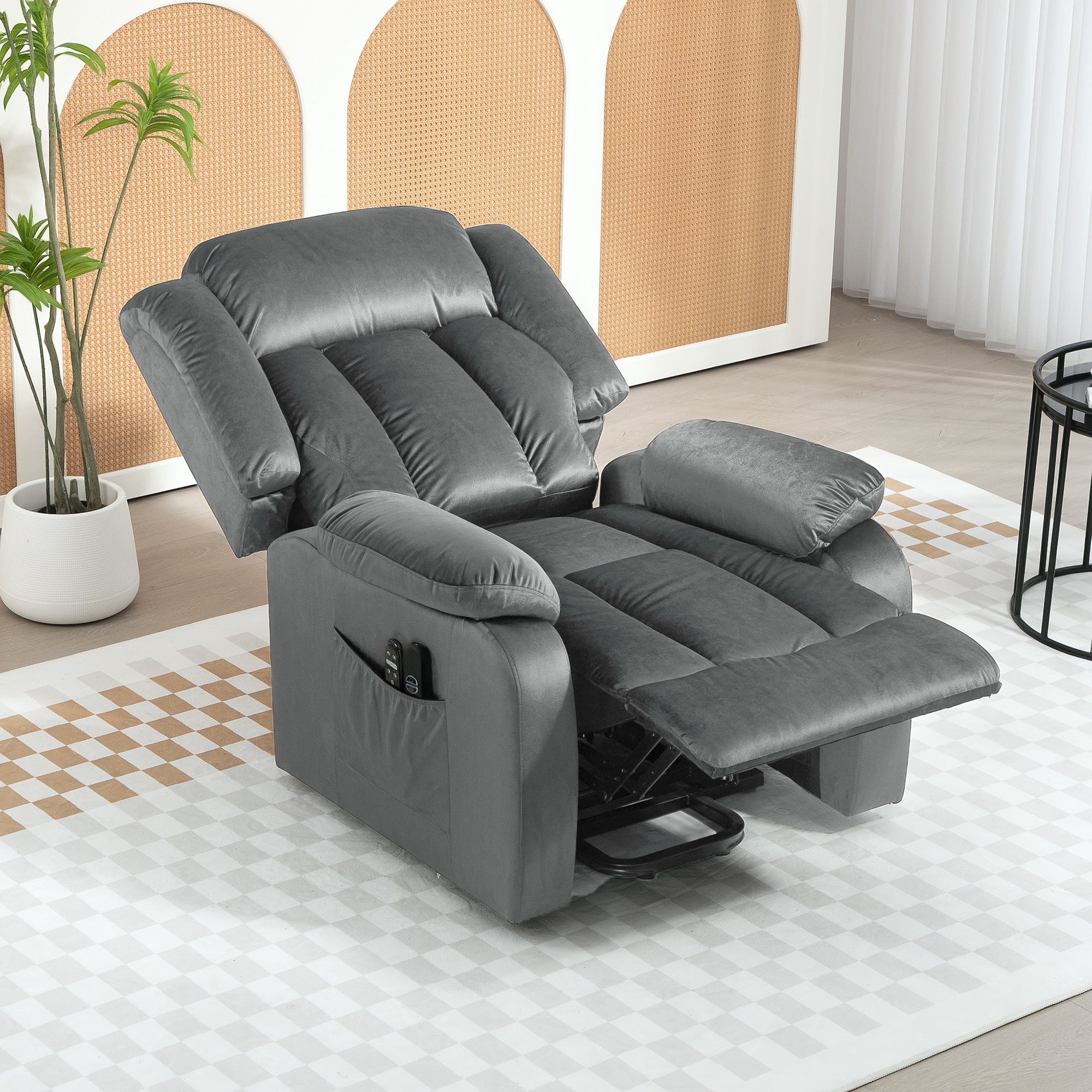 HOMCOM Aufstehsessel mit Massagefunktion und Lendenheizung, Recliner-Sessel mit Fernbedienungen und Seitentaschen, Grau