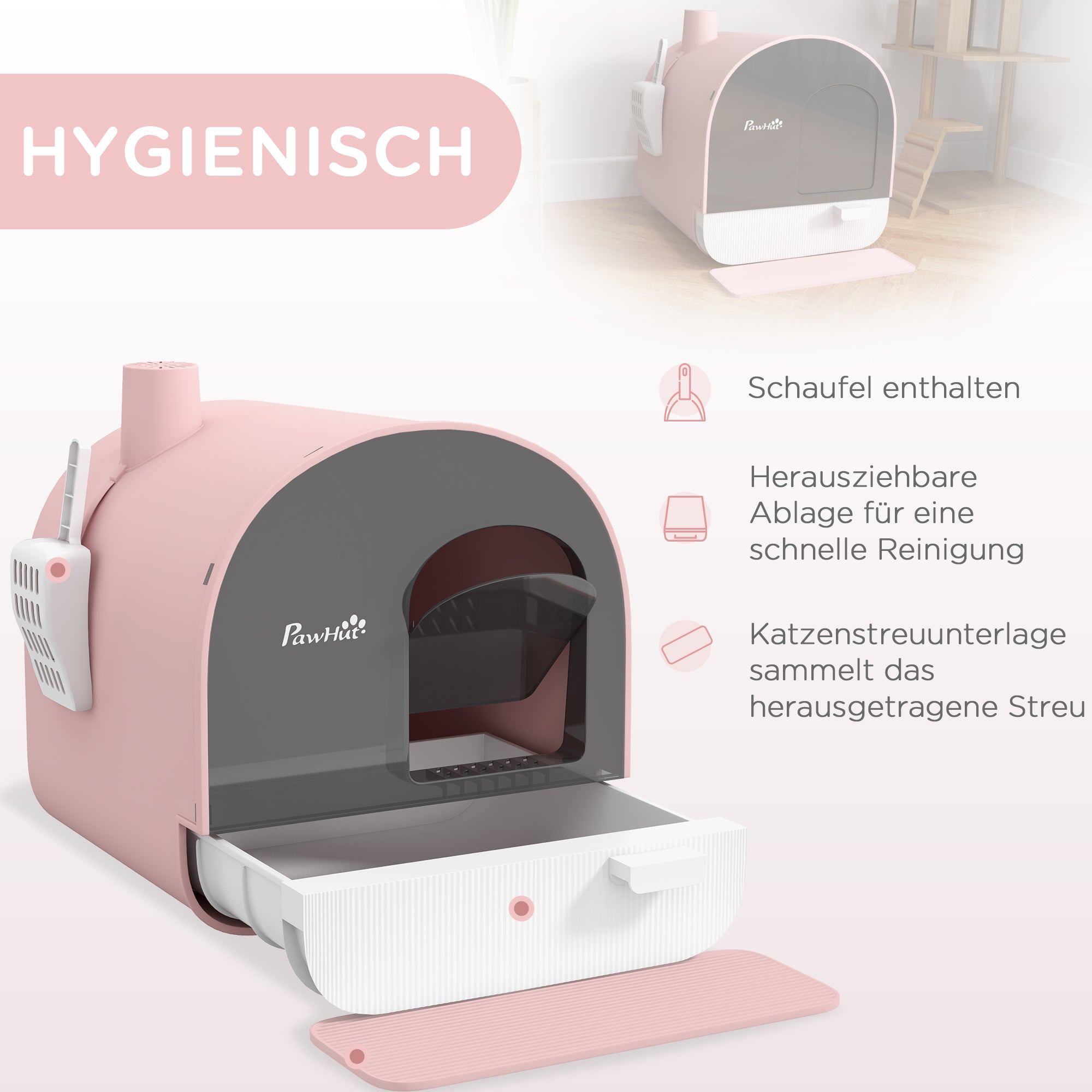 PawHut Katzentoilette mit Deckel, Streuschaufel, Schmutzfangmatte, Kunststoff, Rosa/Schwarz