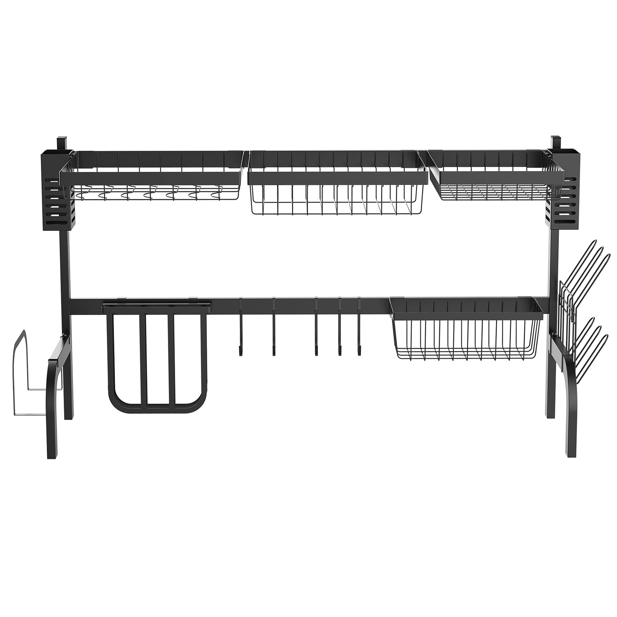 HOMCOM Abtropfgestell Geschirr, 2-stufiges Abtropfständer mit Haken, Tellerregal, Zubehör, 100 cm Stahl, Schwarz
