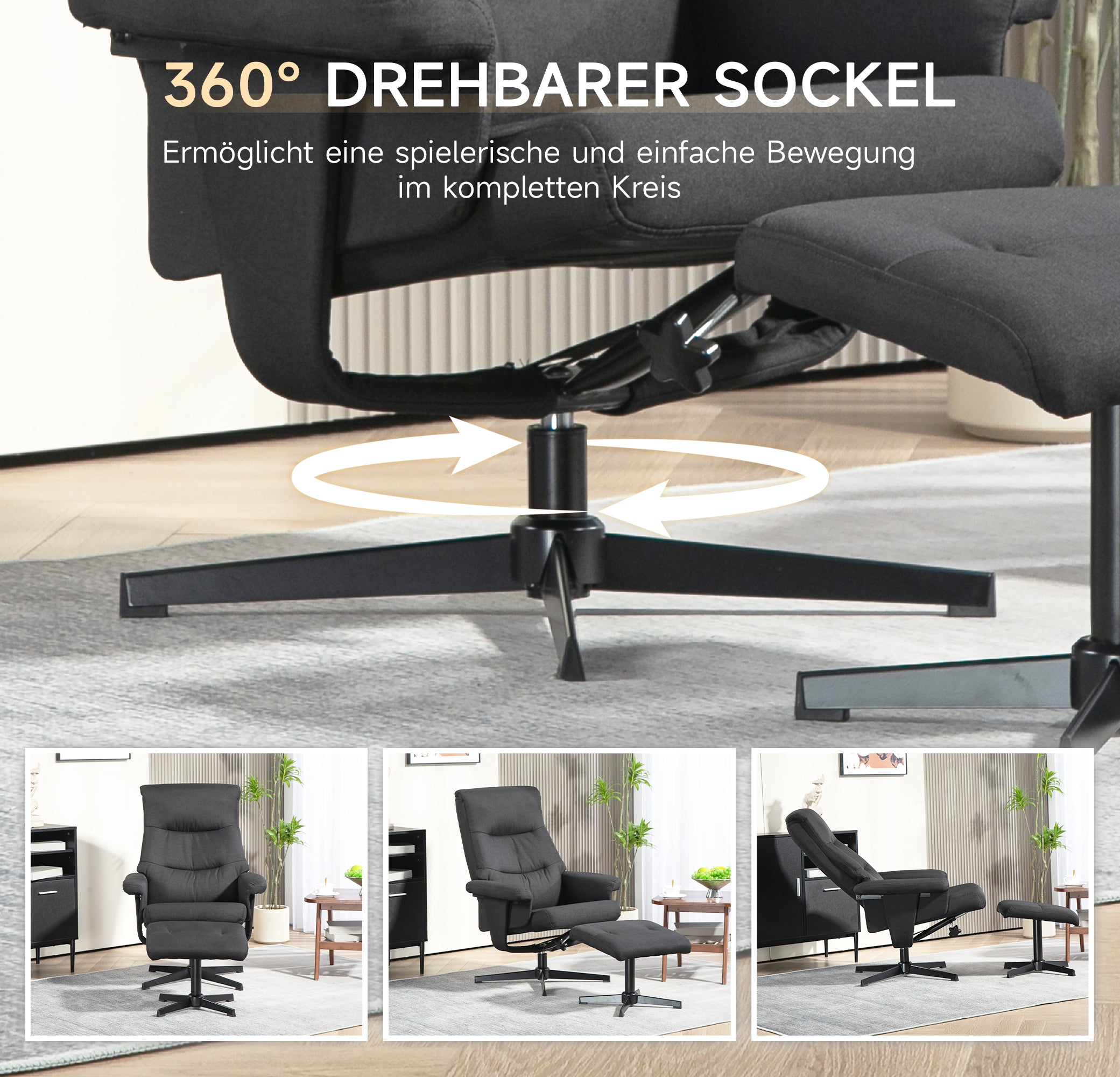 HOMCOM Liegesessel mit Hocker, drehbar, Wippfunktion, Samtoptik, bis 150 kg, Schwarz