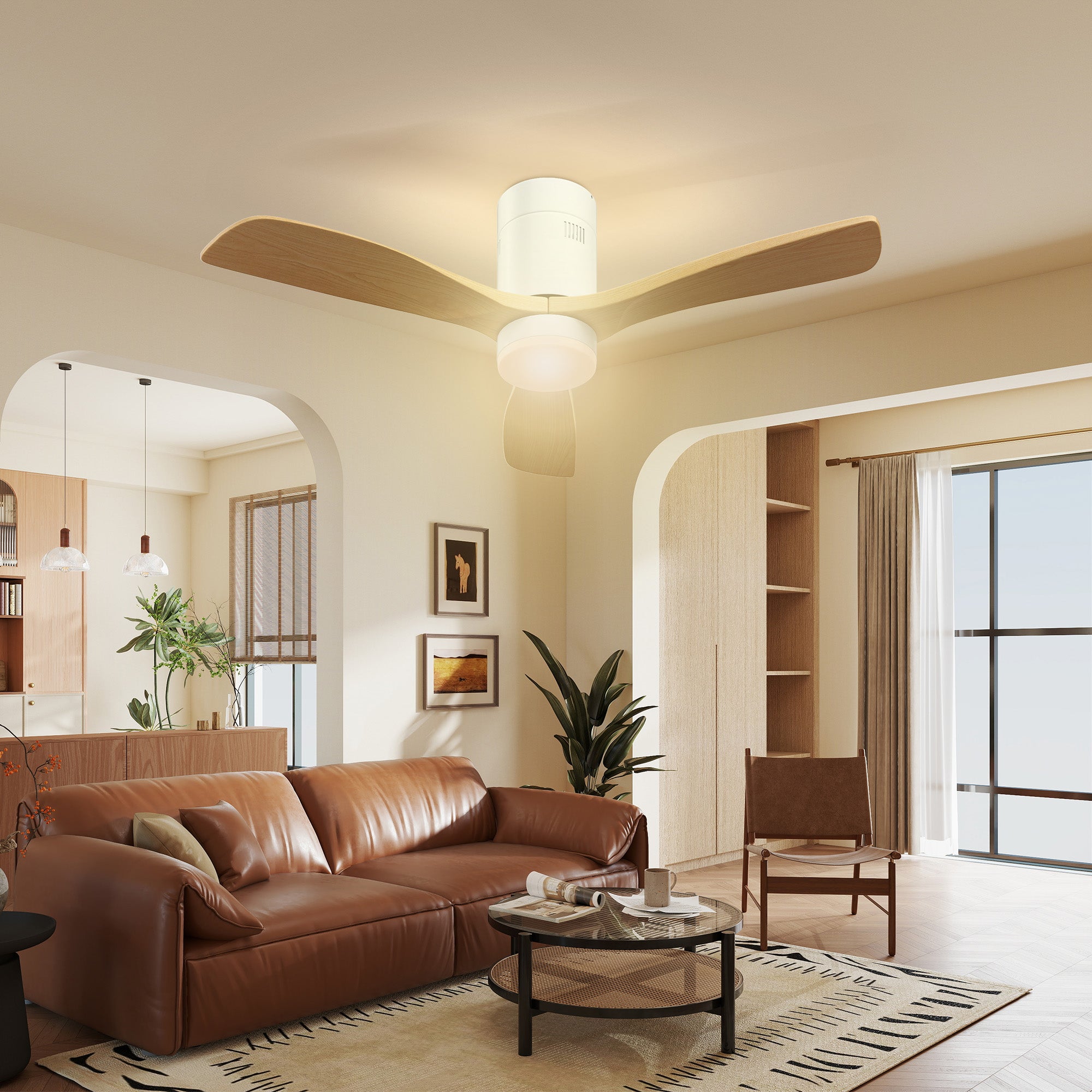 HOMCOM Deckenventilator mit LED-Licht, 6 Geschwindigkeiten, Fernbedienung, Hellbraun