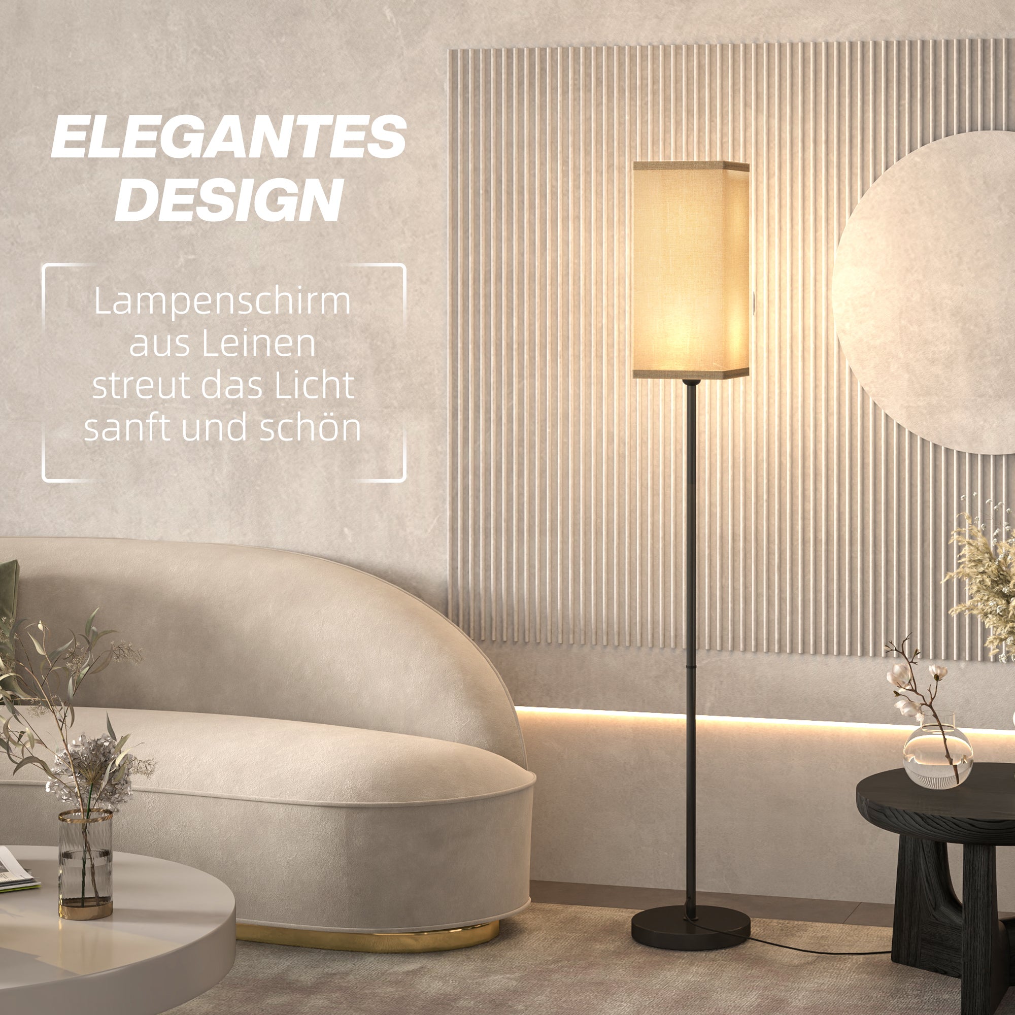 HOMCOM Moderne Stehlampe mit Kunstleinen-Schirm und Fußschalter, für Wohnzimmer und Schlafzimmer, Metall, Schwarz