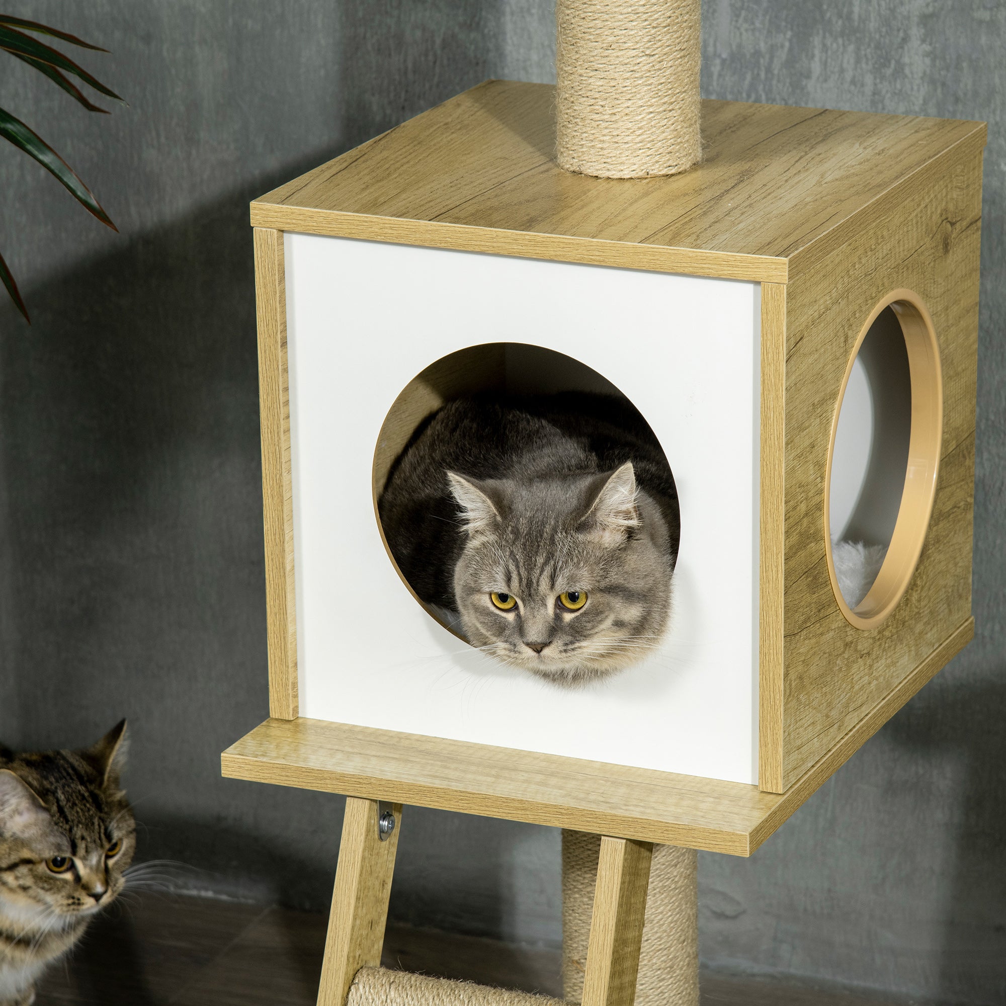 PawHut Kratzbaum, deckenhoch, Katzenhaus, zwei Plattformen, Hängematte, Kippschutz, hellbraun+beige, 40 x 40 x 260 cm