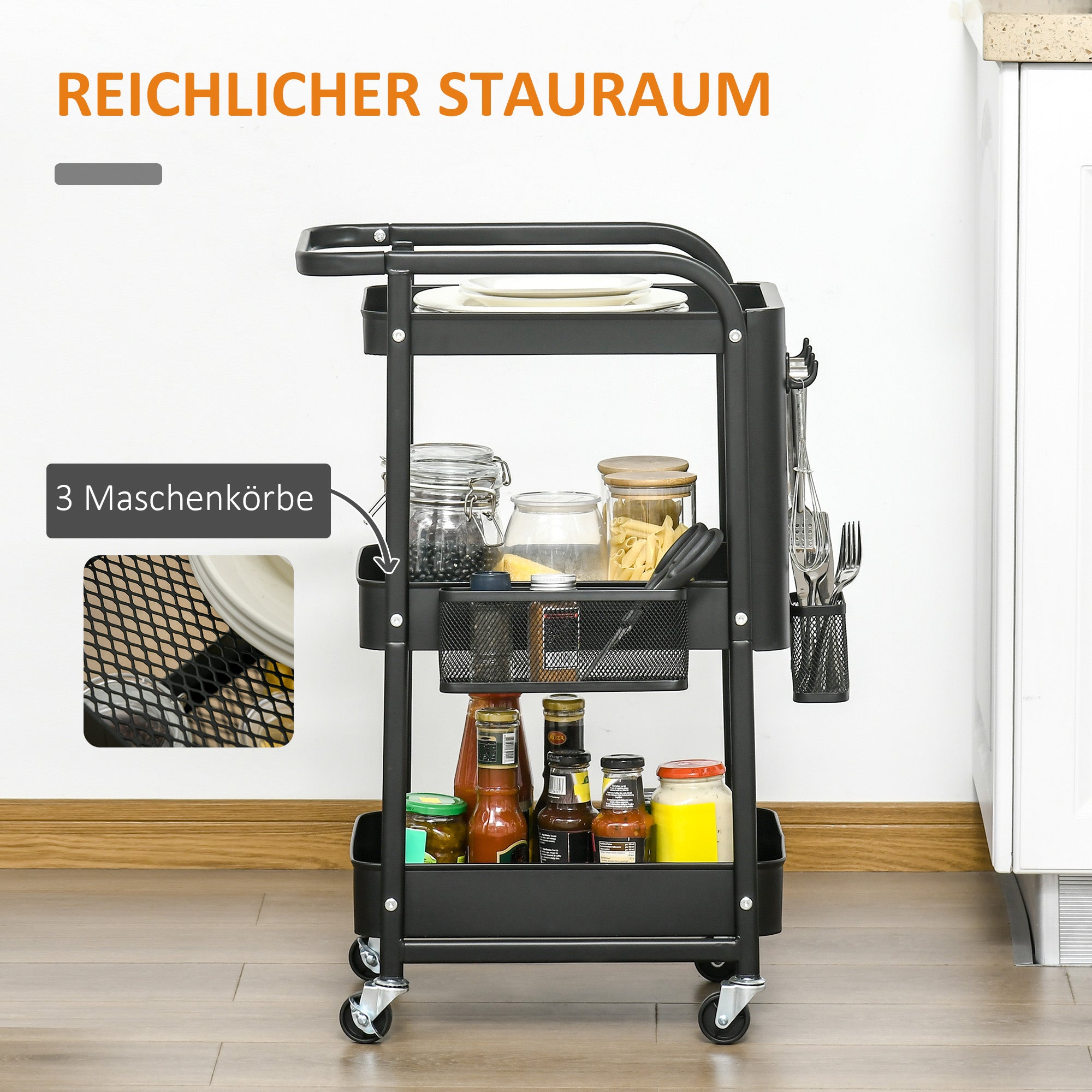 HOMCOM Küchentrolley mit Lochtafel, Handtuchhalter, Aufbewahrungskörbe, Schwarz