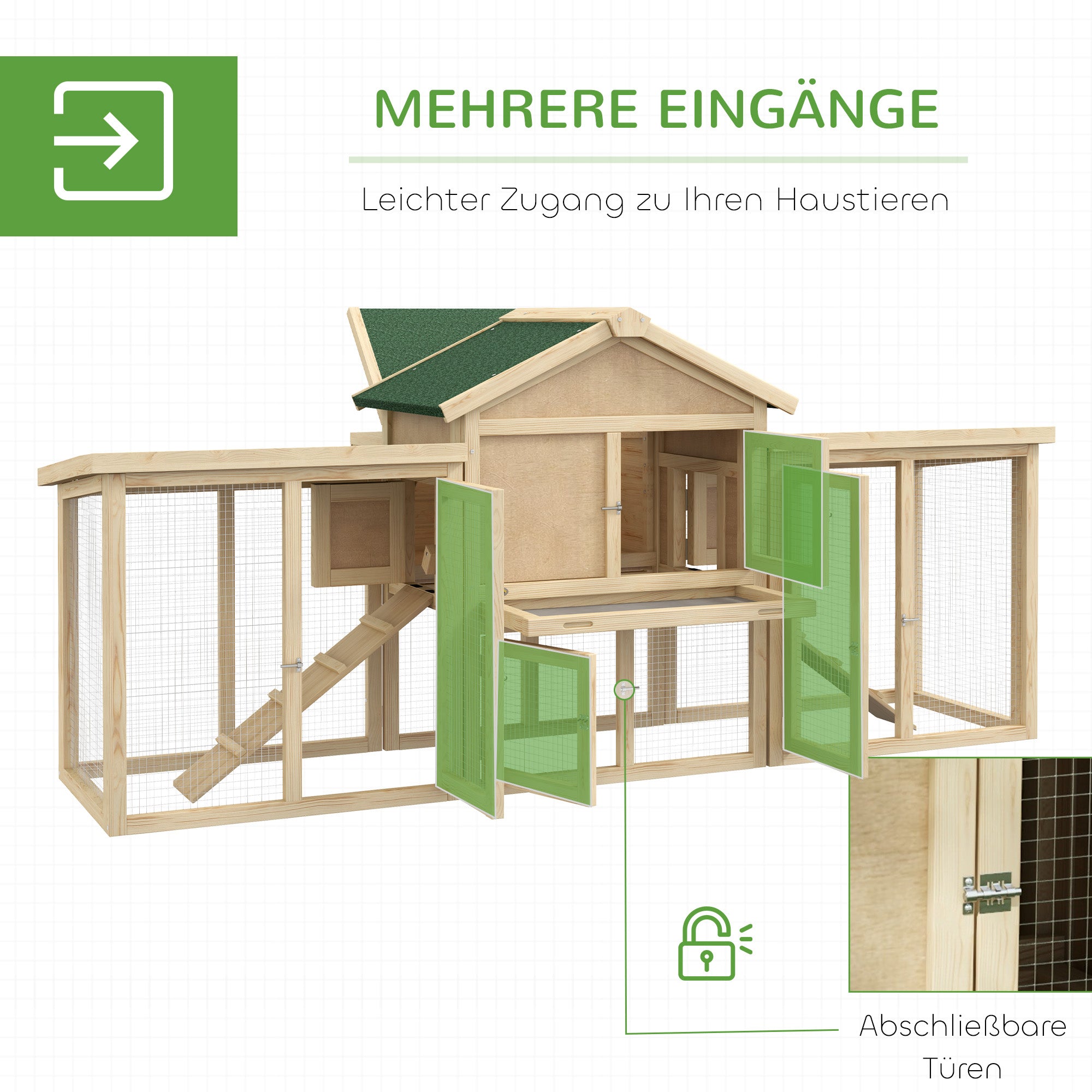 PawHut Hühnerstall mit Freigehege, inkl. Nistkasten, Rampe und Bodenwanne Tannenholz Naturholz