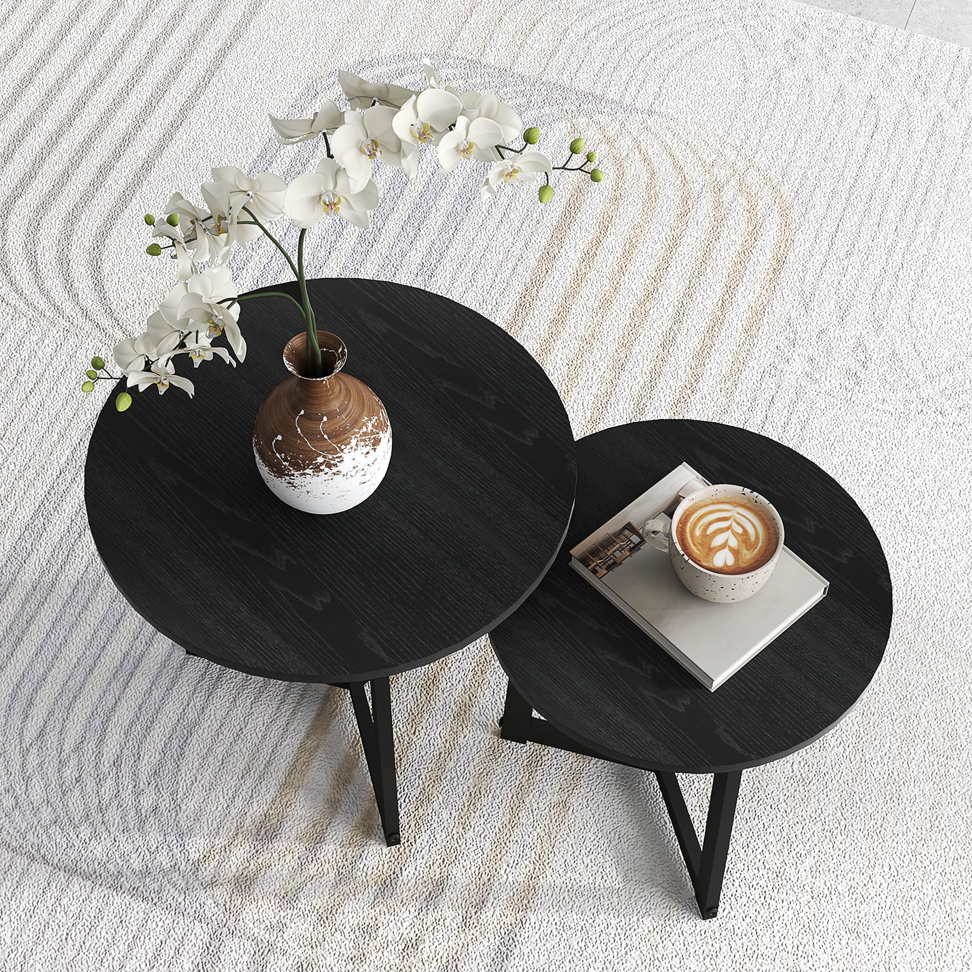 HOMCOM Moderner Couchtisch als 2er-Set, Metallrahmen, MDF, Rundes Design, ineinander verschiebbar, Schwarz