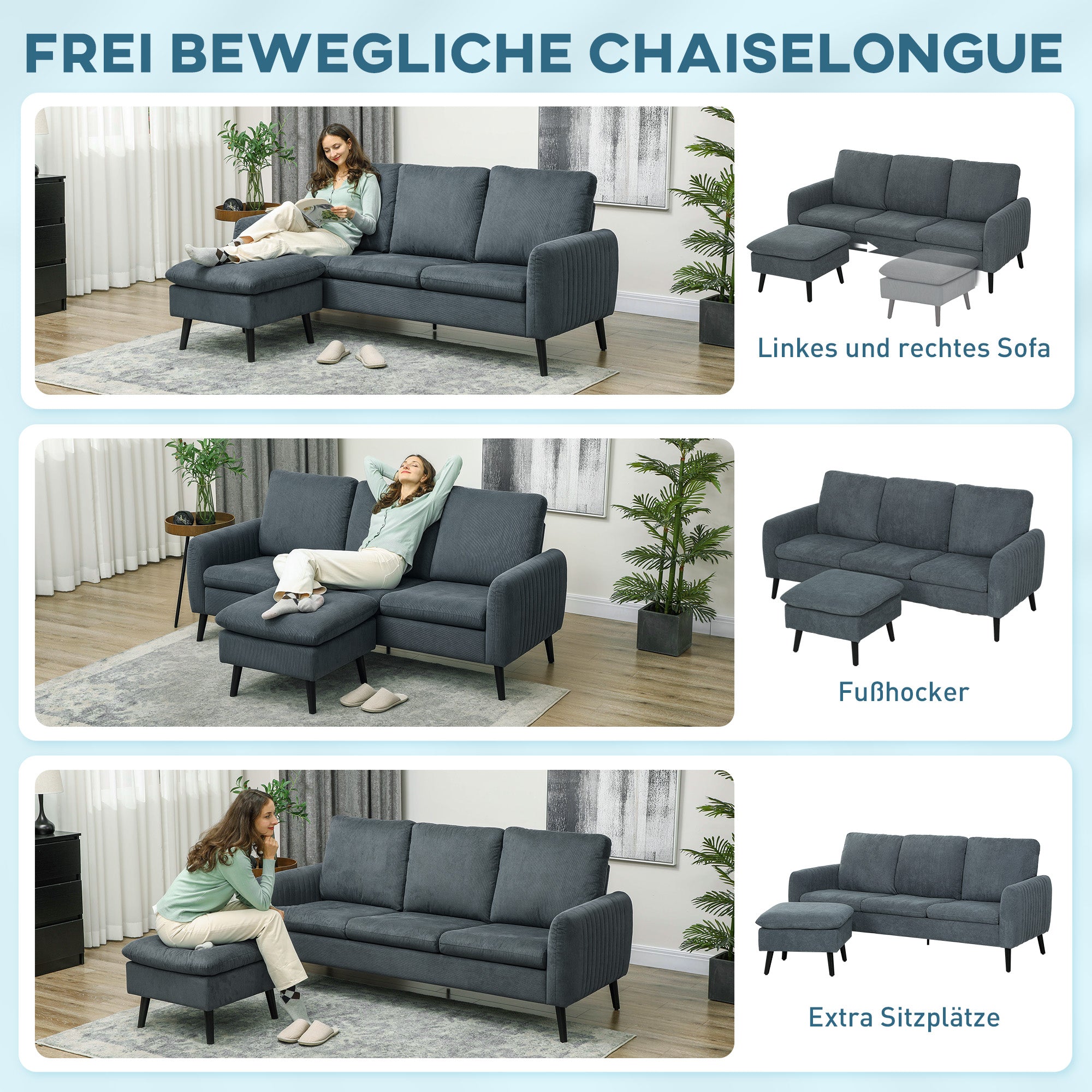 HOMCOM Ecksofa, 3-Sitzer-Sofa mit Fußhocker, Stoffbezug, L-förmiges Couch-Set, Dunkelgrau